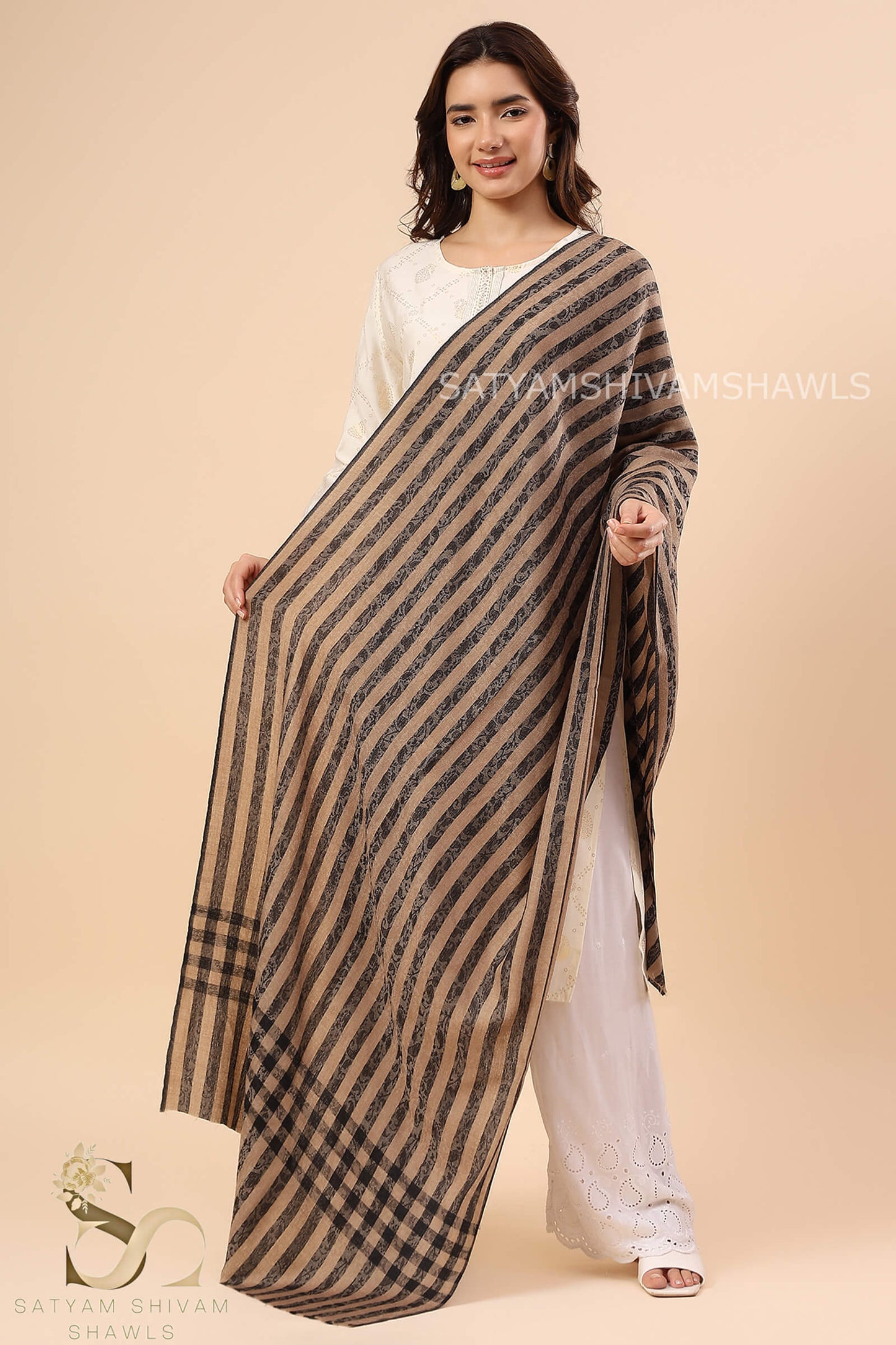 SMOKEY SELF CHECK STRIPS LUXURY PASHMINA  STOLE, BLACK TOOSH