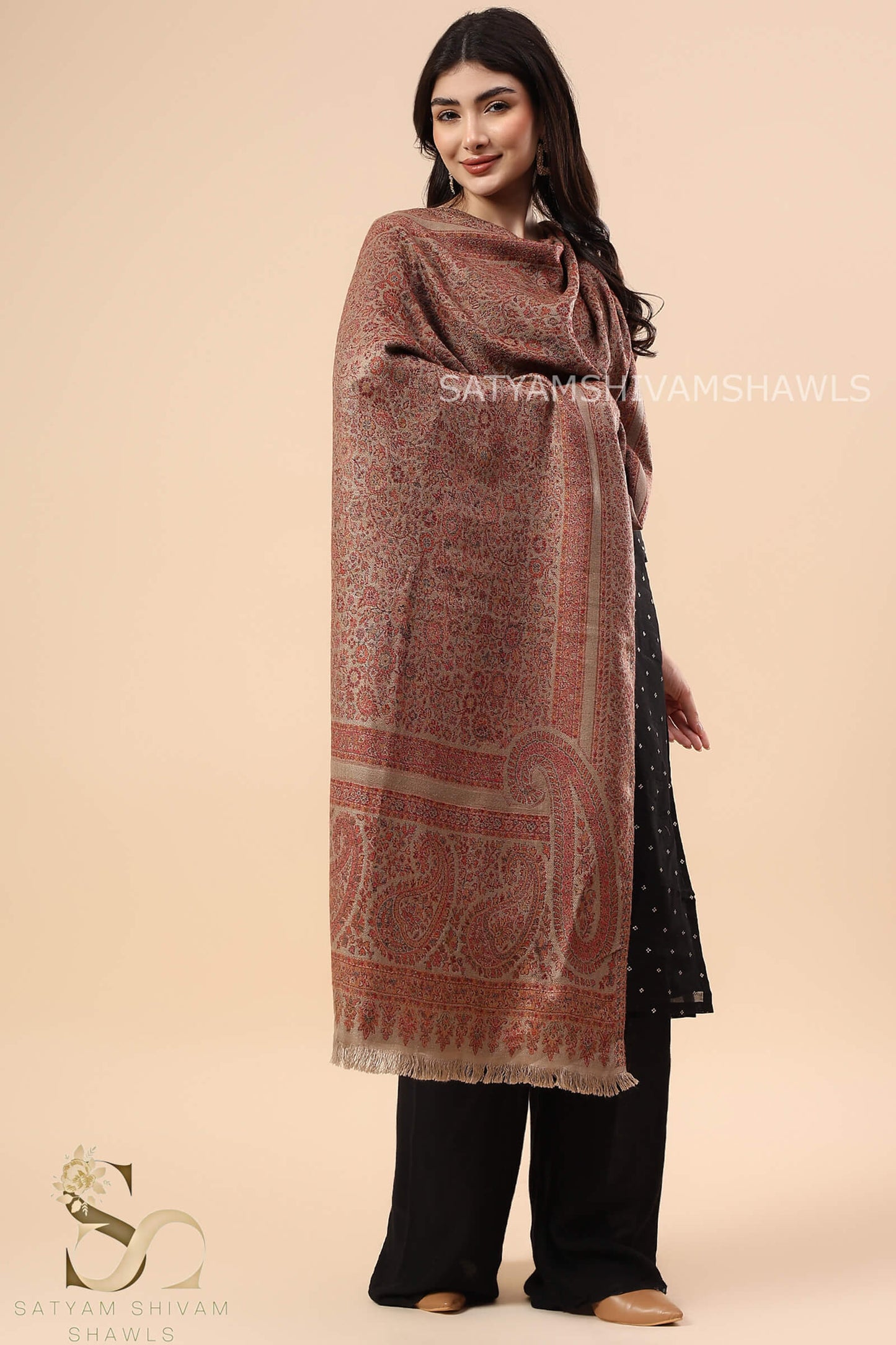PAISLEY BORDER KANI ALLOVER WOOL STOLE ,CAMEL