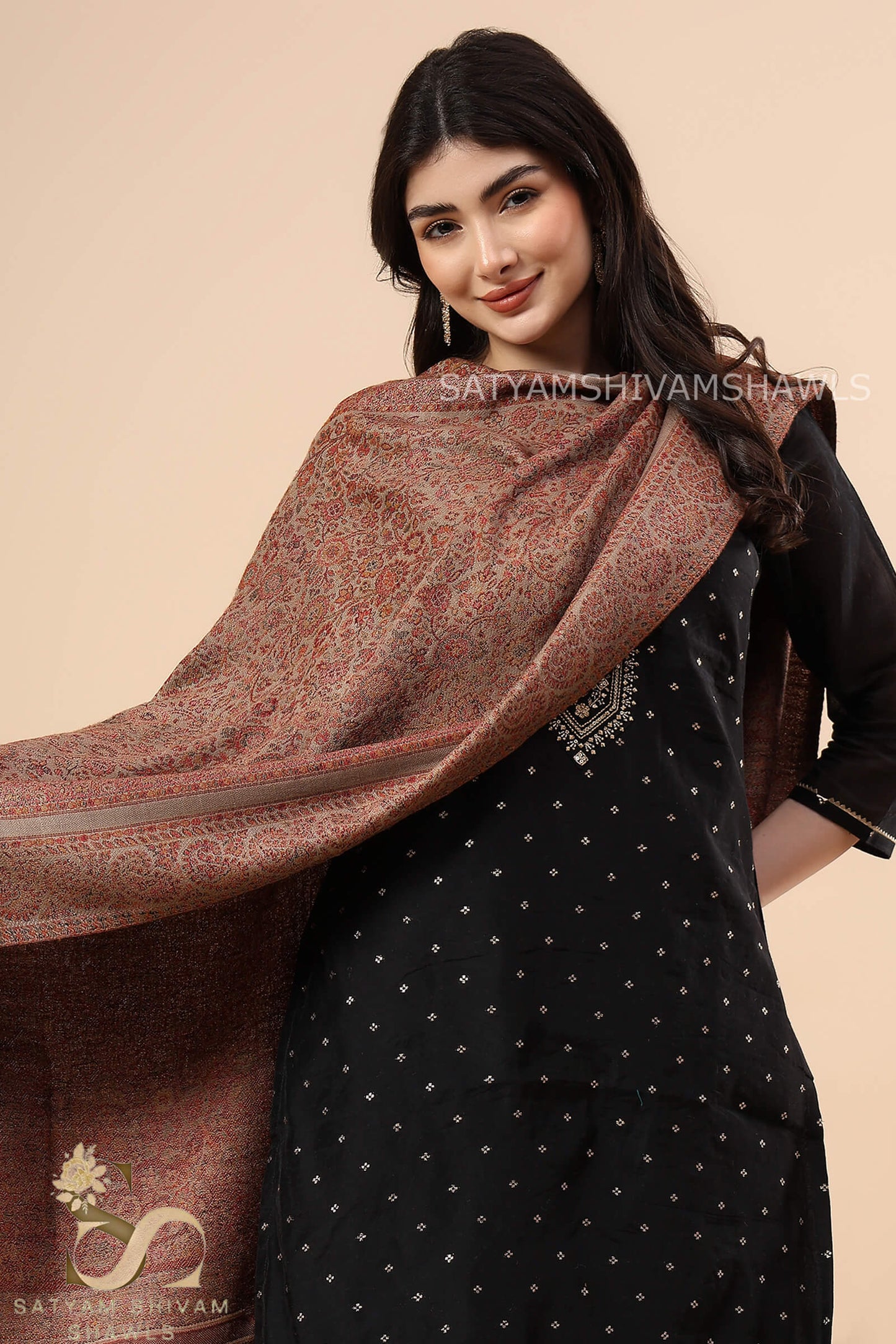 PAISLEY BORDER KANI ALLOVER WOOL STOLE ,CAMEL