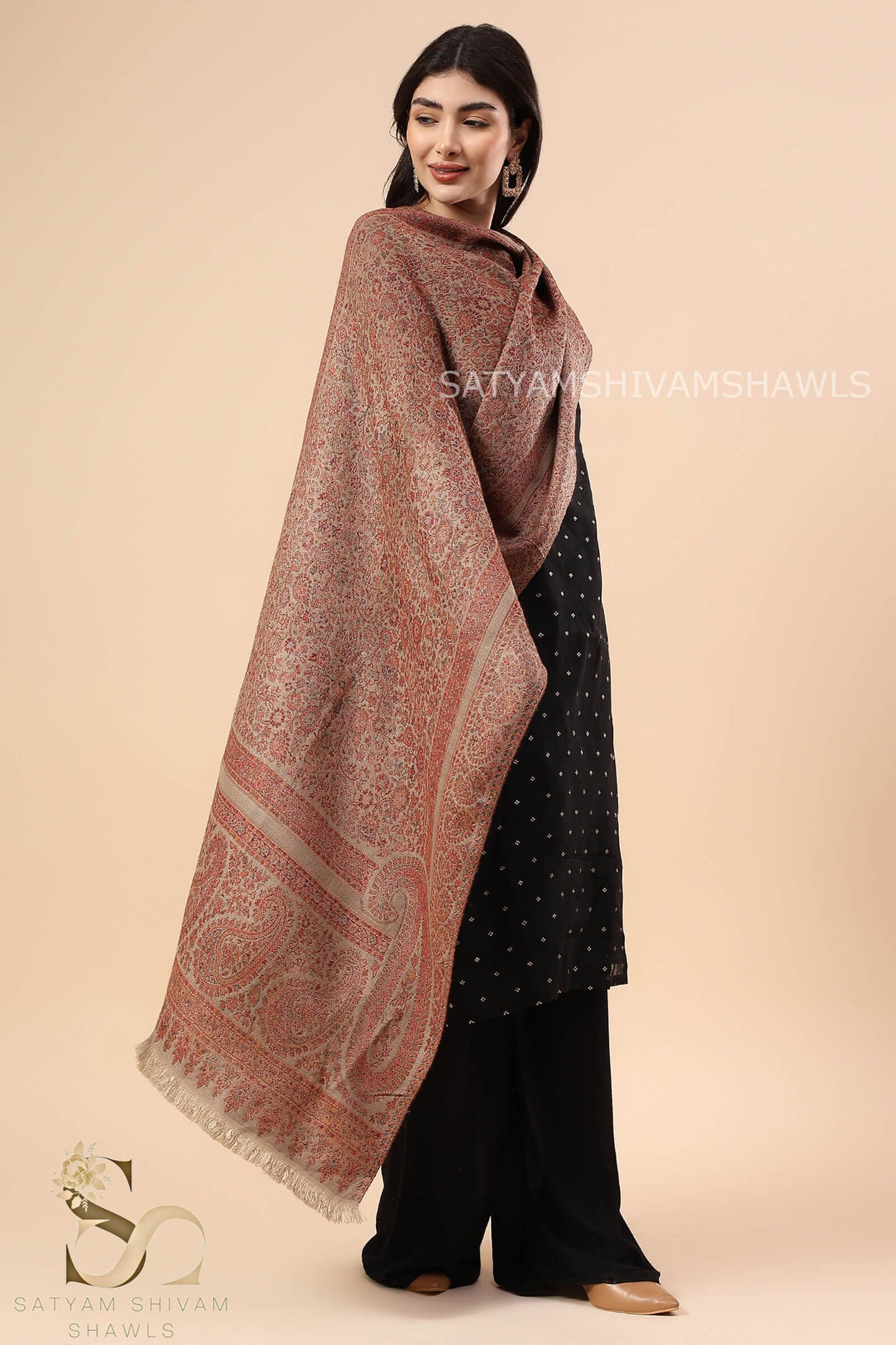 PAISLEY BORDER KANI ALLOVER WOOL STOLE ,CAMEL