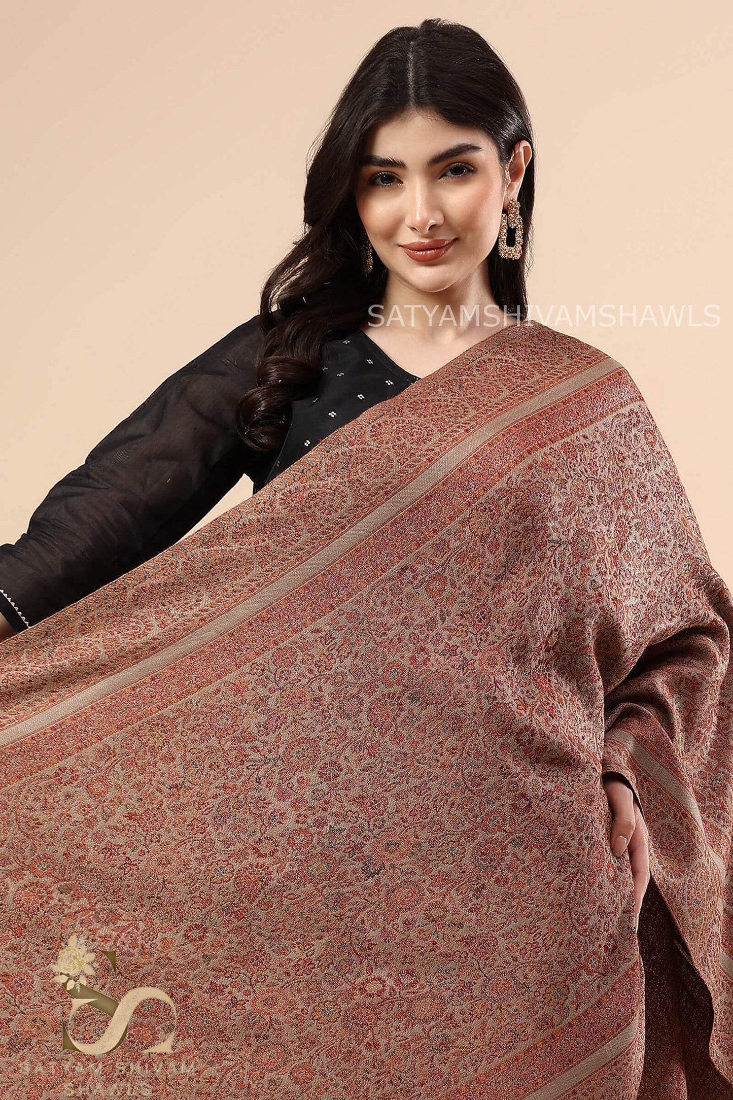 PAISLEY BORDER KANI ALLOVER WOOL STOLE ,CAMEL