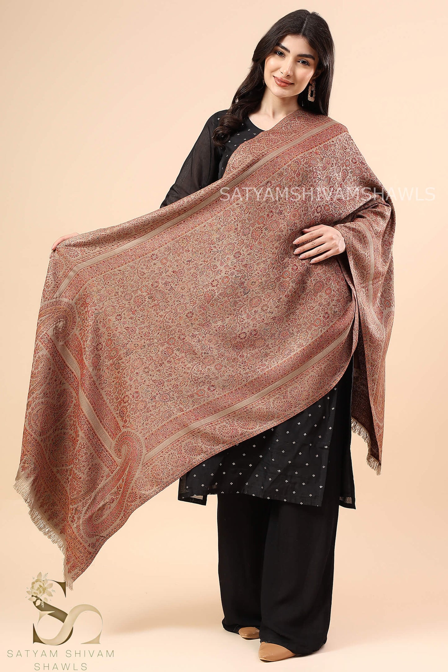 PAISLEY BORDER KANI ALLOVER WOOL STOLE ,CAMEL