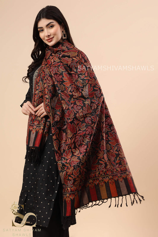 KASHMIRI WOVEN CHINAR KANI WOOL STOLE,BLACK