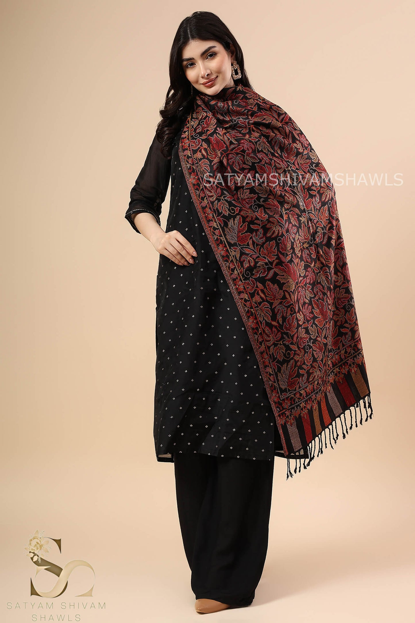 KASHMIRI WOVEN CHINAR KANI WOOL STOLE,BLACK