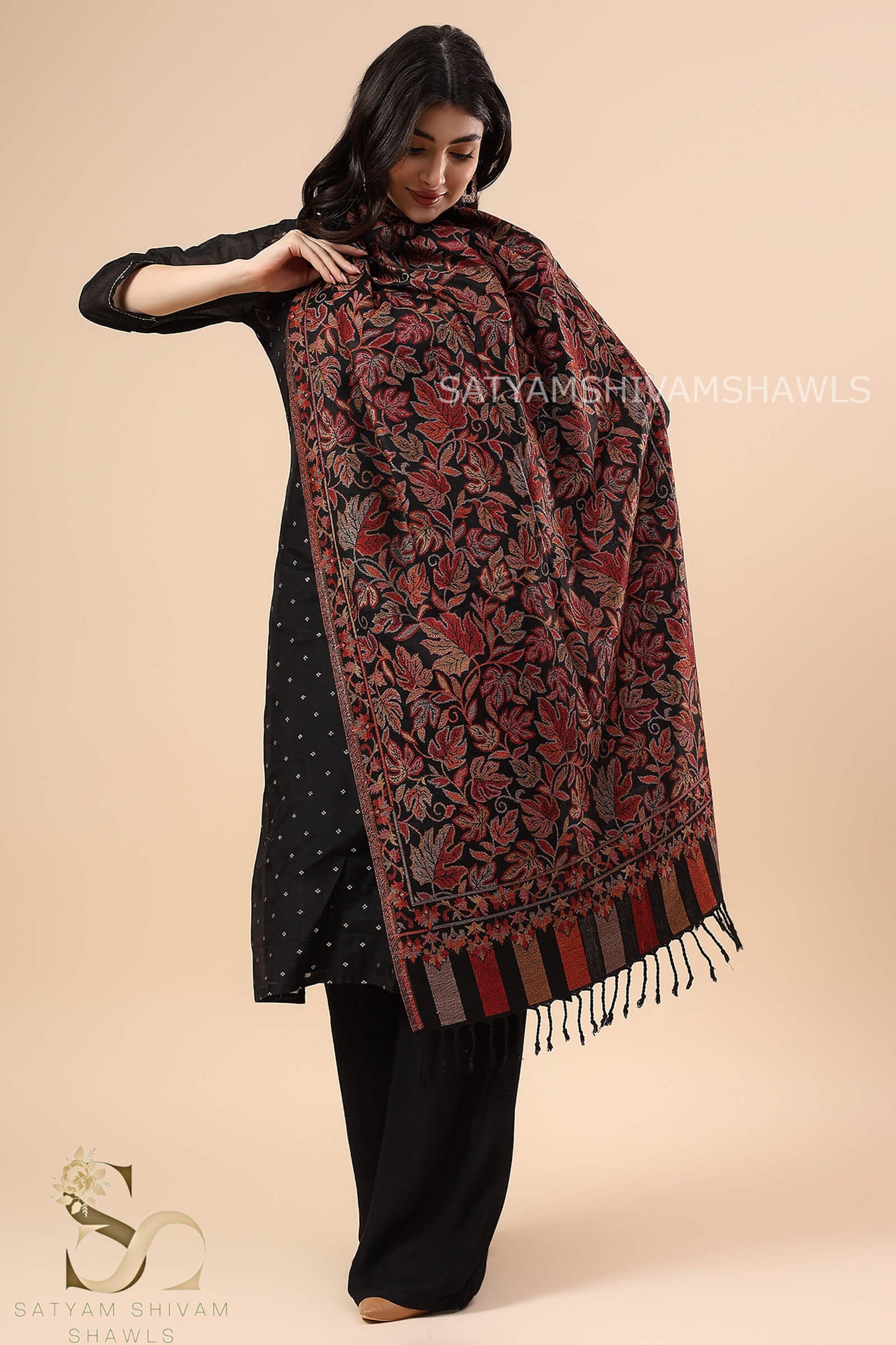 KASHMIRI WOVEN CHINAR KANI WOOL STOLE,BLACK