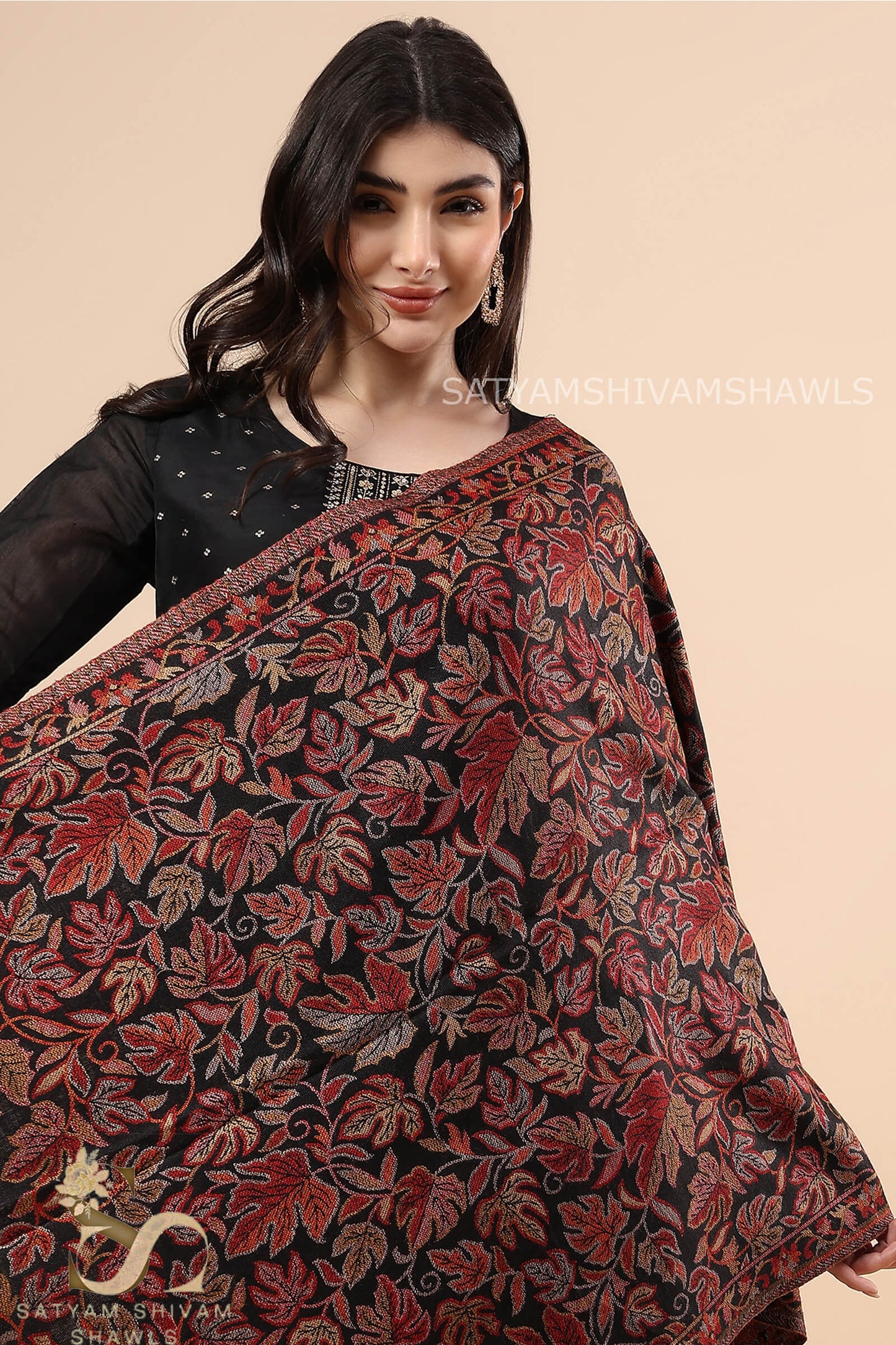 KASHMIRI WOVEN CHINAR KANI WOOL STOLE,BLACK