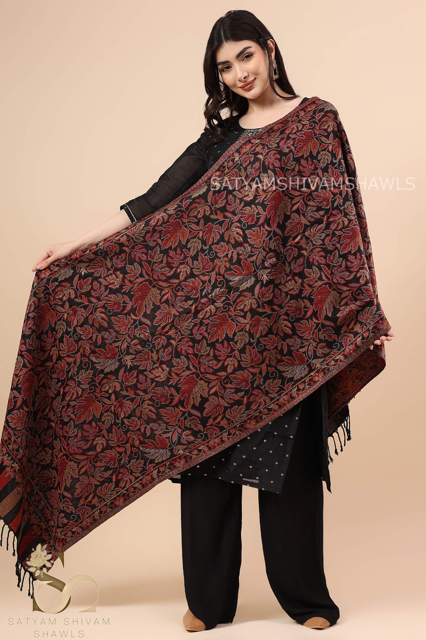 KASHMIRI WOVEN CHINAR KANI WOOL STOLE,BLACK