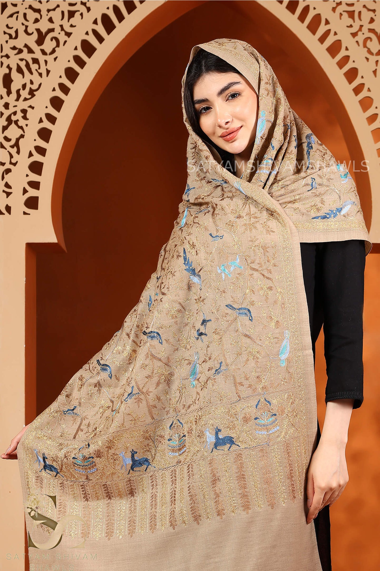 "WINGS OF GRACE" PASHMINA FINE ZARI EMBROIDERY DESIGN STOLE
