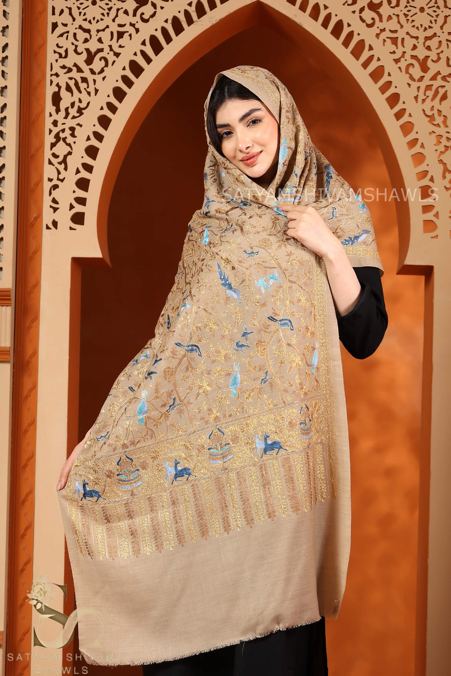 "WINGS OF GRACE" PASHMINA FINE ZARI EMBROIDERY DESIGN STOLE