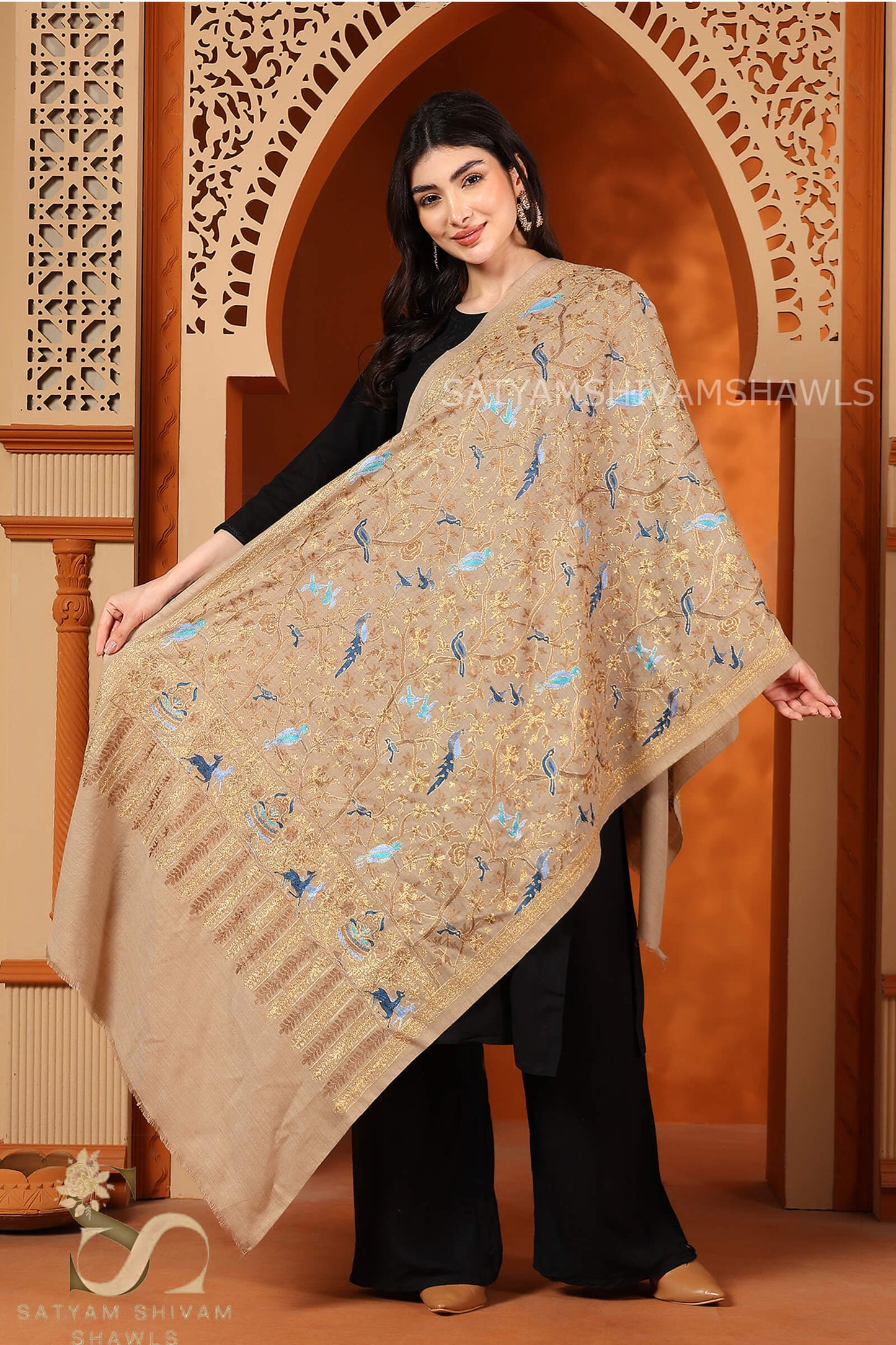 "WINGS OF GRACE" PASHMINA FINE ZARI EMBROIDERY DESIGN STOLE