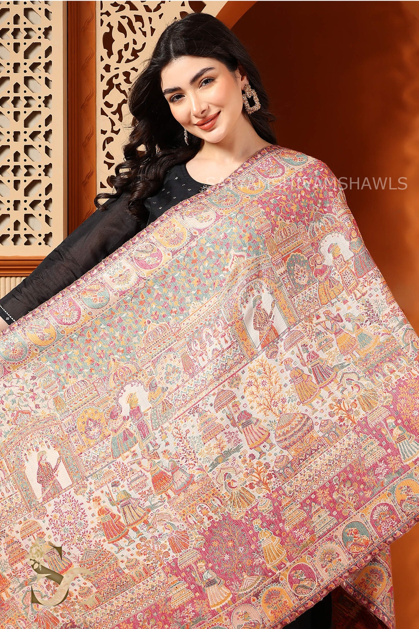"SHAAN -E-DARBAR" THEME KANI PASHMINA BLEND WOOL STOLE ,LIGHT WEIGHT AND WARM