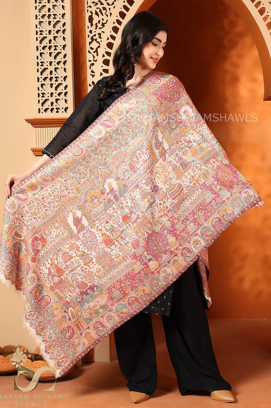 "SHAAN -E-DARBAR" THEME KANI PASHMINA BLEND WOOL STOLE ,LIGHT WEIGHT AND WARM