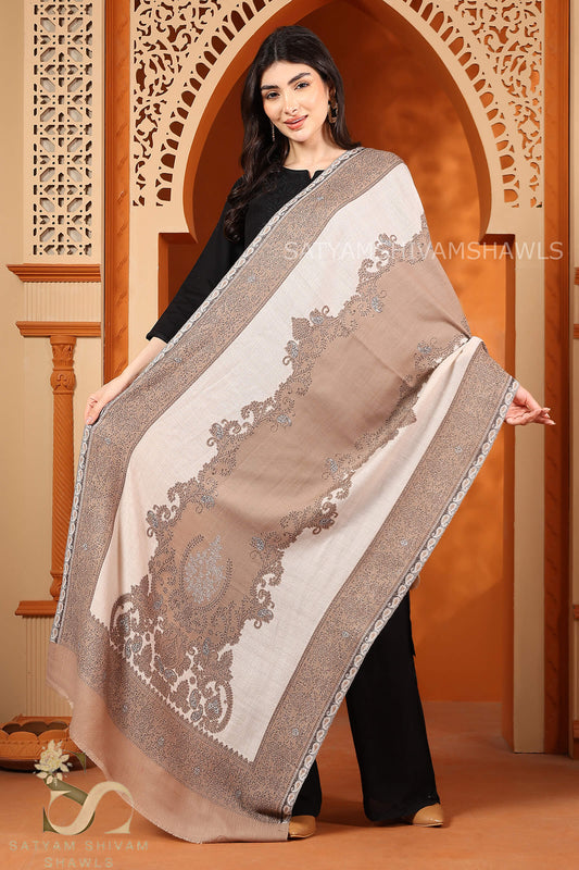 THE PASHMINA EMPRESS EXTRA FINE WOOL KANI STOLE,WARM & SOFT,TOOSH WHITE