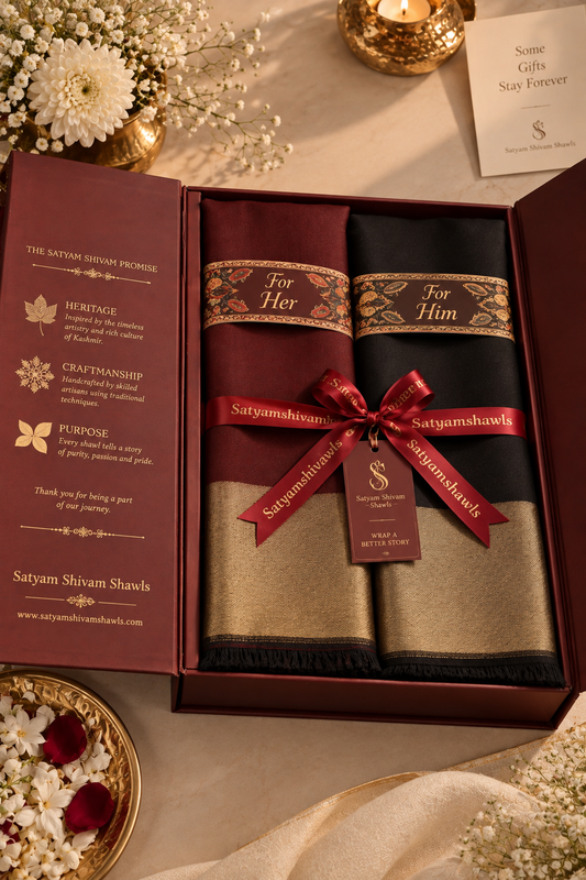 His And Her Set Of 100% pure wool zari reversible stoles With Premium Gift Box Packaging