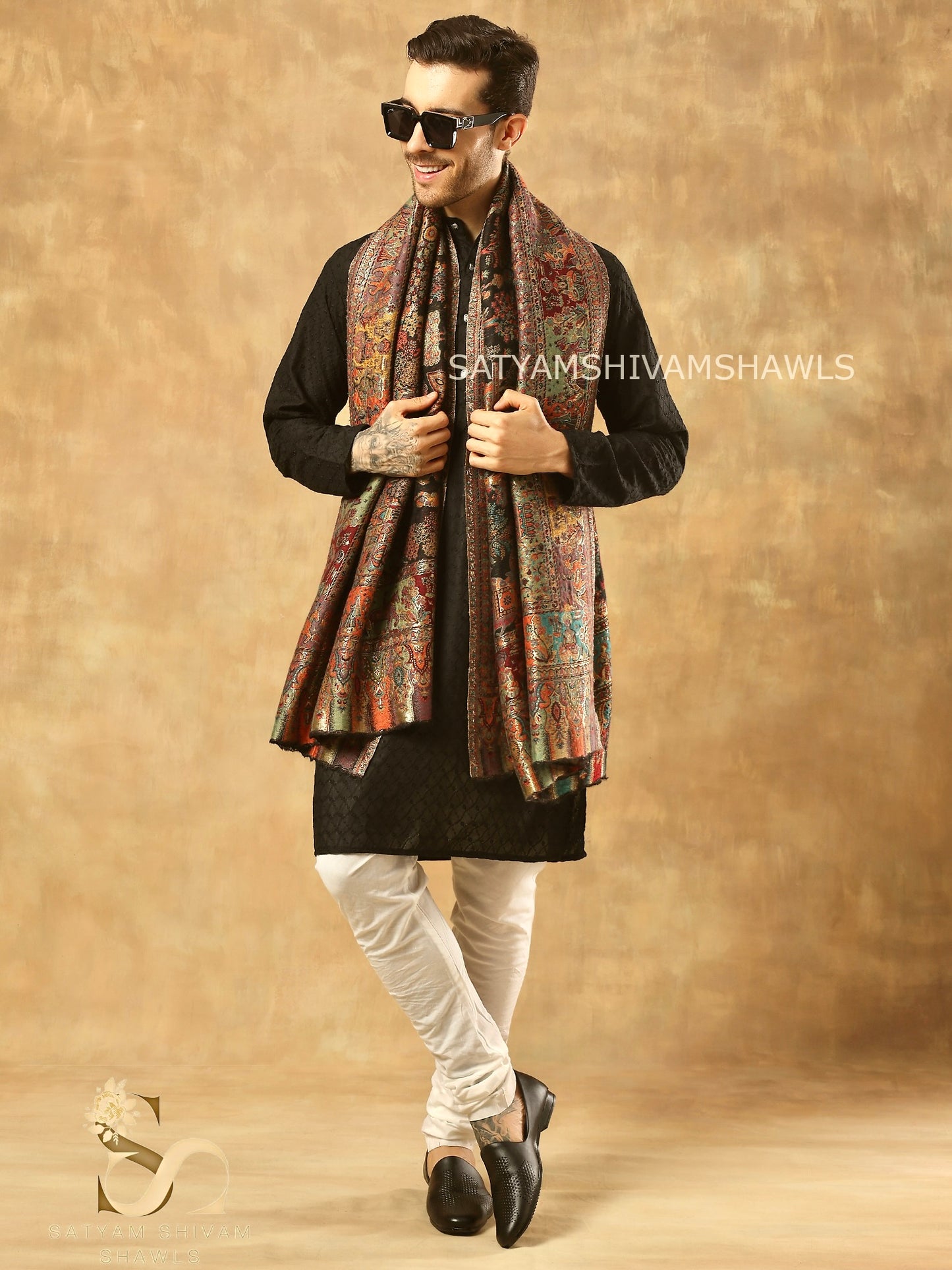MOONLIGHT REVERSIBLE FINE WOOL PASHMINA MENS SHAWL,
