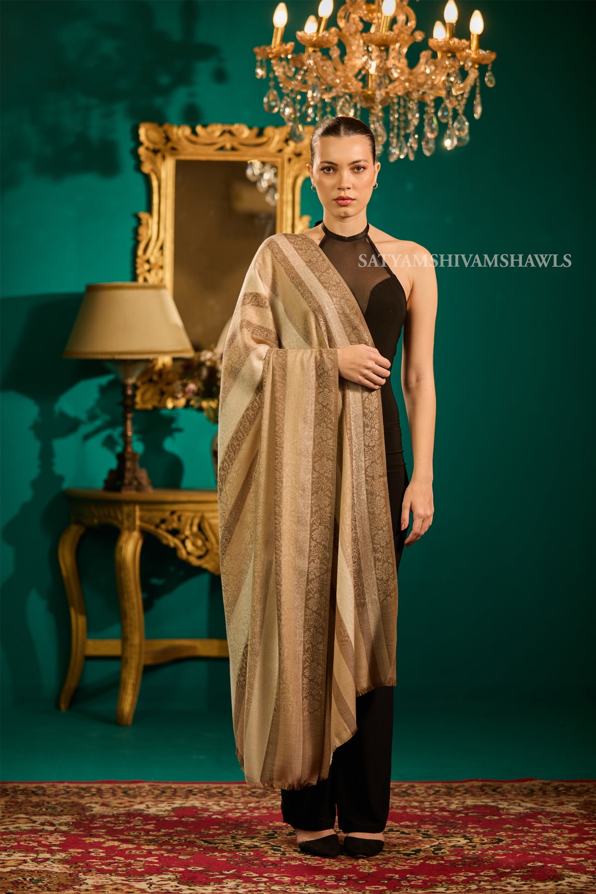 PURE WOOL REVERSIBLE SELF STRIPS DESIGN SHAWL