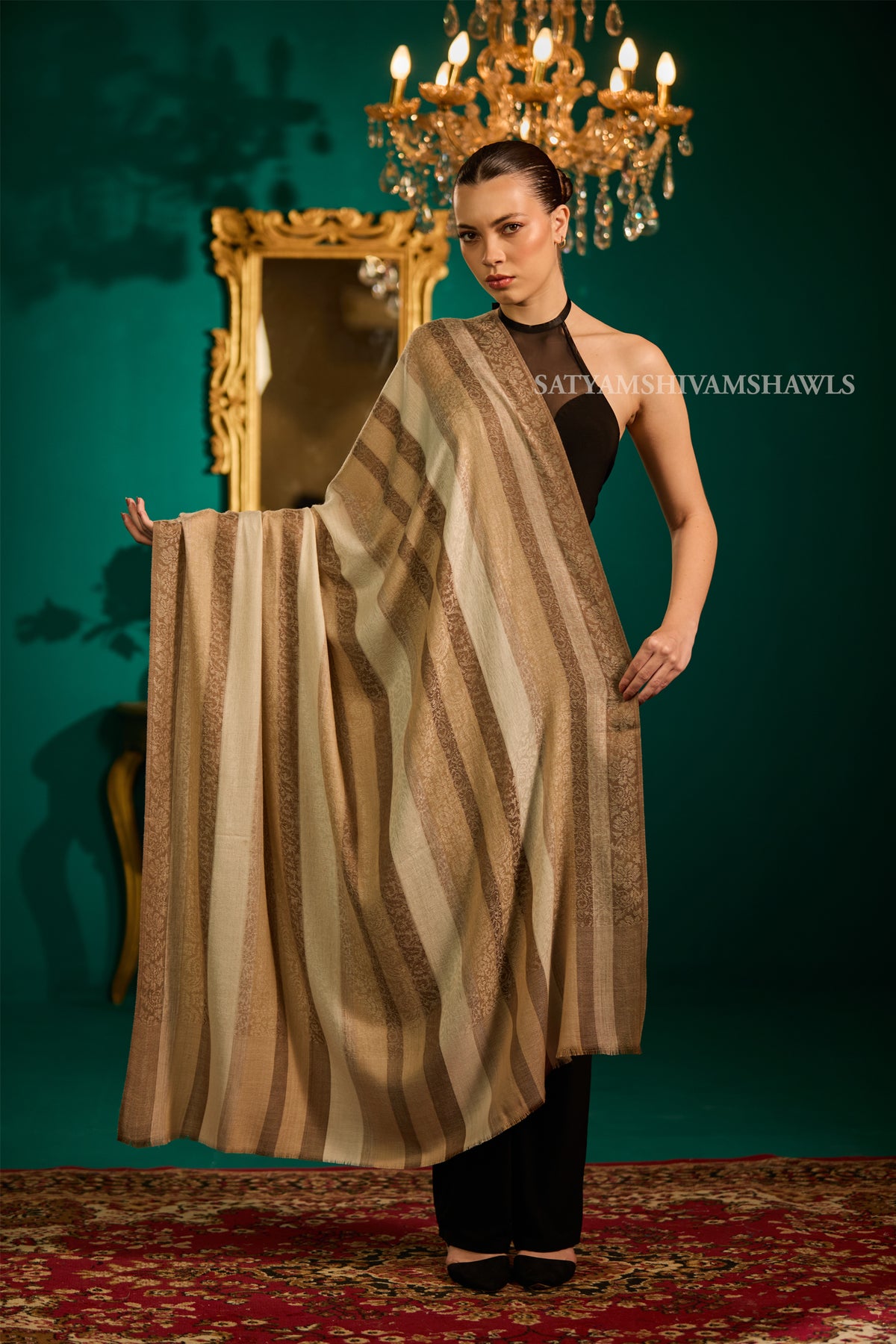 PURE WOOL REVERSIBLE SELF STRIPS DESIGN SHAWL