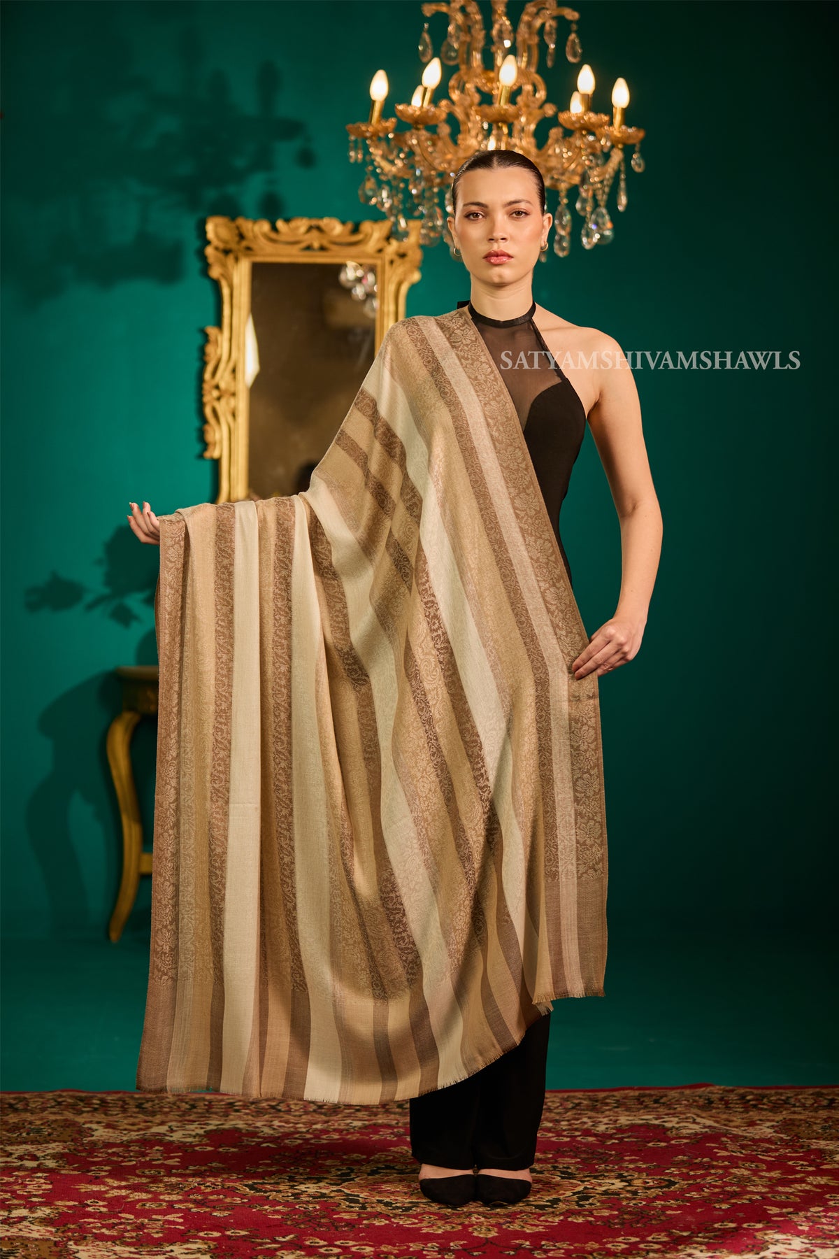 PURE WOOL REVERSIBLE SELF STRIPS DESIGN SHAWL