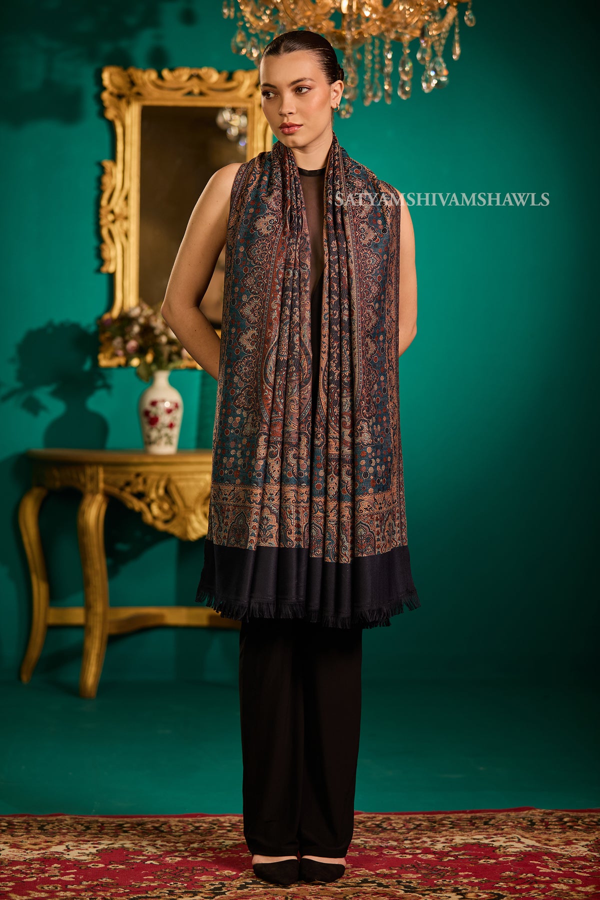 TURKEY ARABIC PAISLEY  KANI WOVEN SHAWL,WARM AND SOFT,VINTAGE BLACK