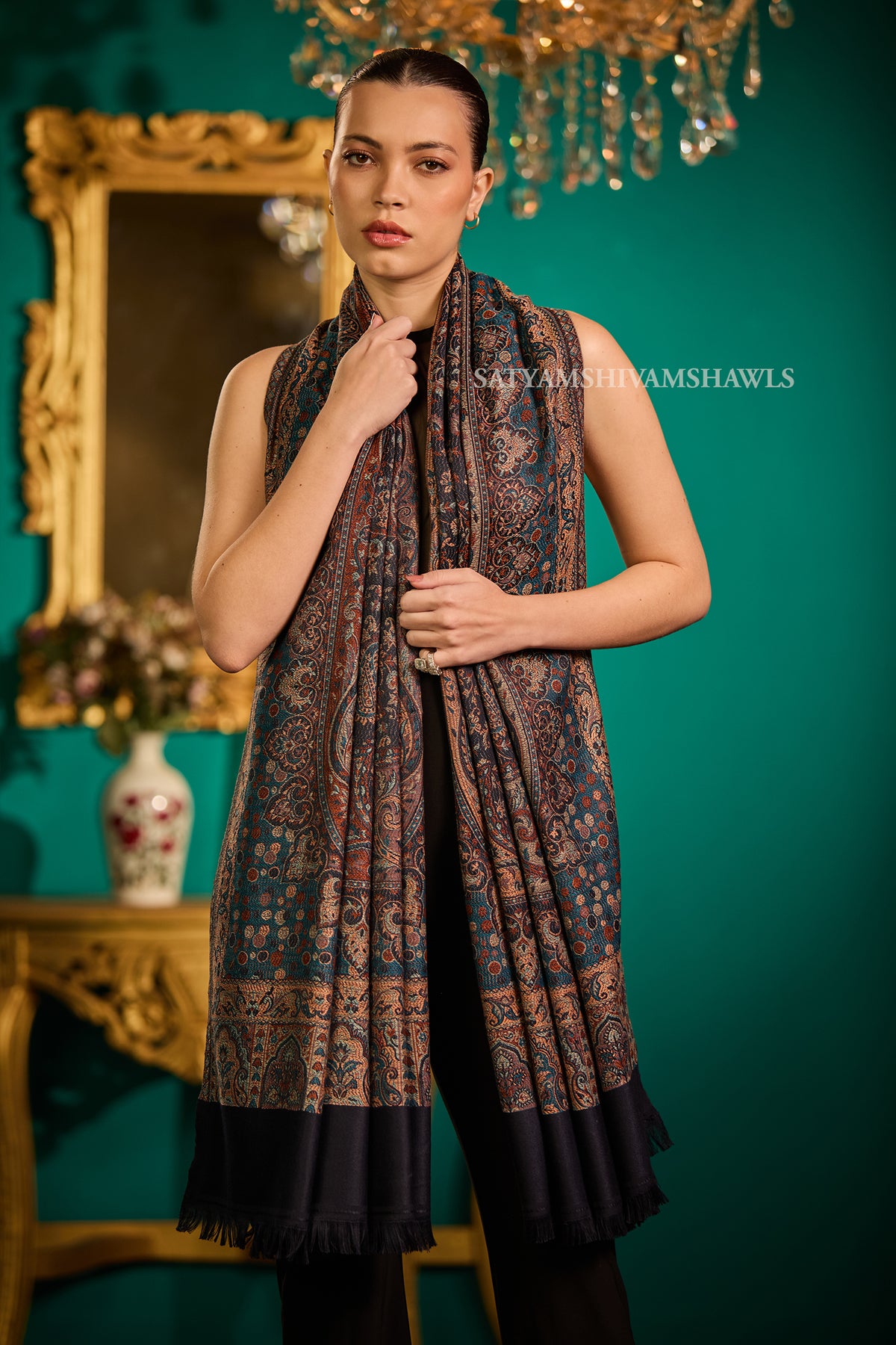 TURKEY ARABIC PAISLEY  KANI WOVEN SHAWL,WARM AND SOFT,VINTAGE BLACK