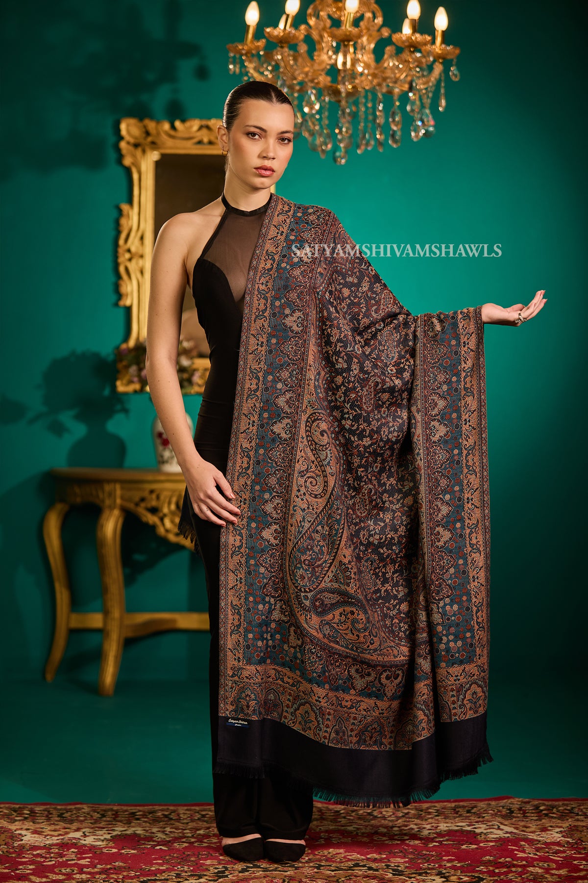 TURKEY ARABIC PAISLEY  KANI WOVEN SHAWL,WARM AND SOFT,VINTAGE BLACK