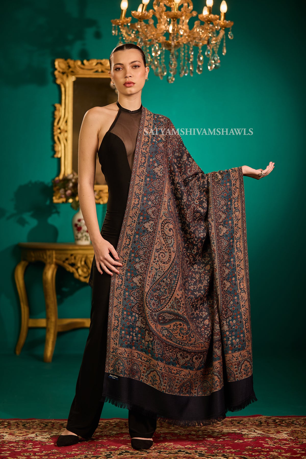 TURKEY ARABIC PAISLEY  KANI WOVEN SHAWL,WARM AND SOFT,VINTAGE BLACK