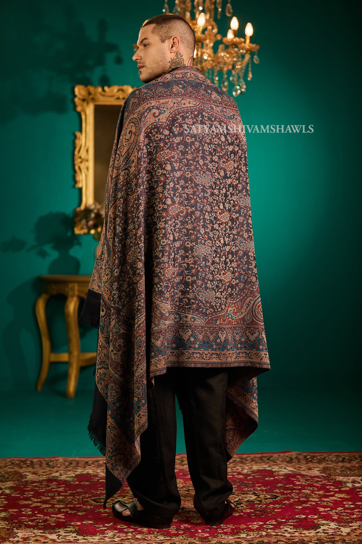 VINTAGE ROYAL JAMAWAR PAISLEY KANI DESIGN MENS SHAWL,NAVYBLUE