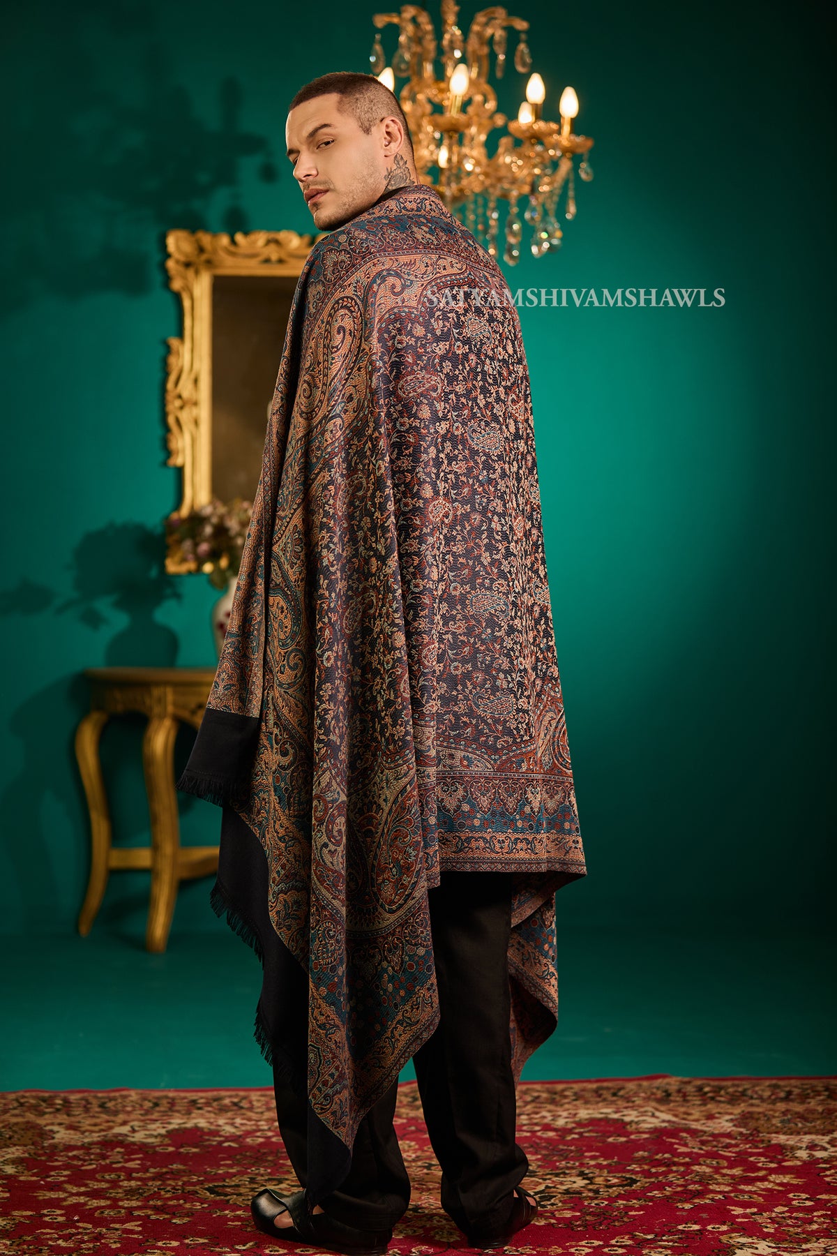 VINTAGE ROYAL JAMAWAR PAISLEY KANI DESIGN MENS SHAWL,NAVYBLUE