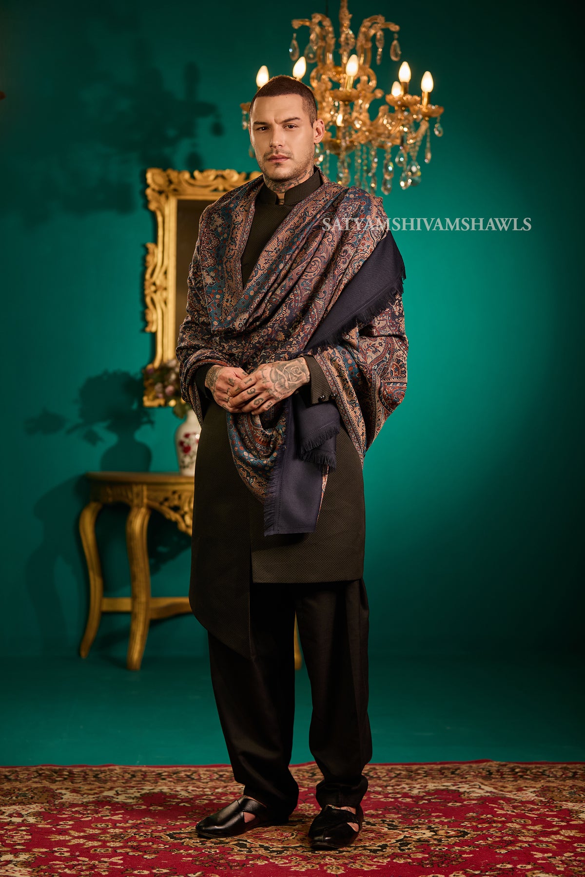 VINTAGE ROYAL JAMAWAR PAISLEY KANI DESIGN MENS SHAWL,NAVYBLUE