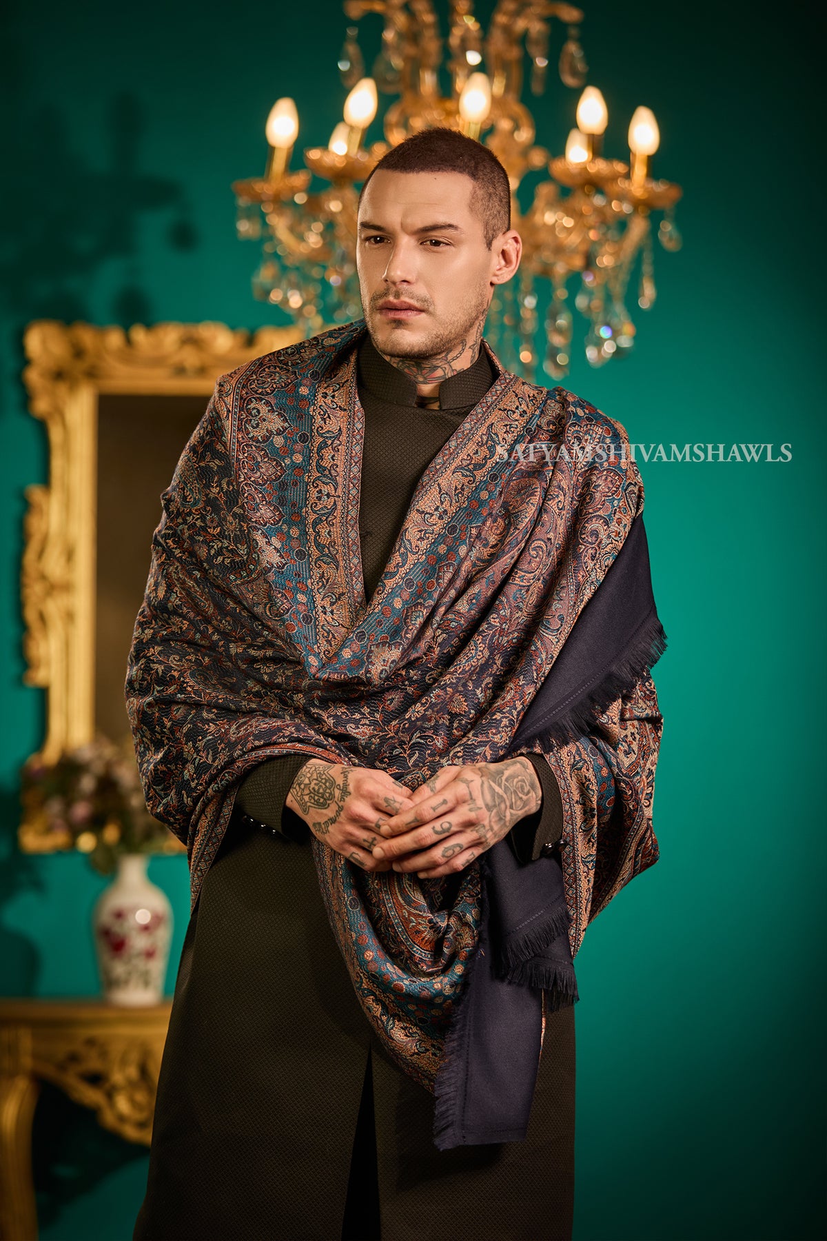 VINTAGE ROYAL JAMAWAR PAISLEY KANI DESIGN MENS SHAWL,NAVYBLUE