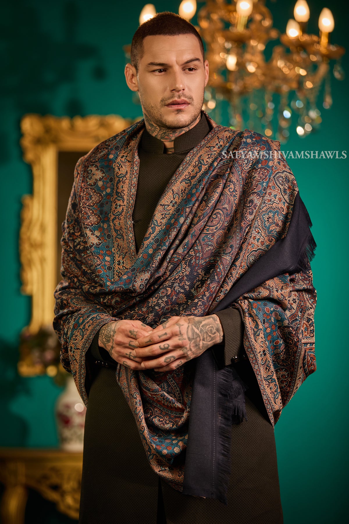 VINTAGE ROYAL JAMAWAR PAISLEY KANI DESIGN MENS SHAWL,NAVYBLUE