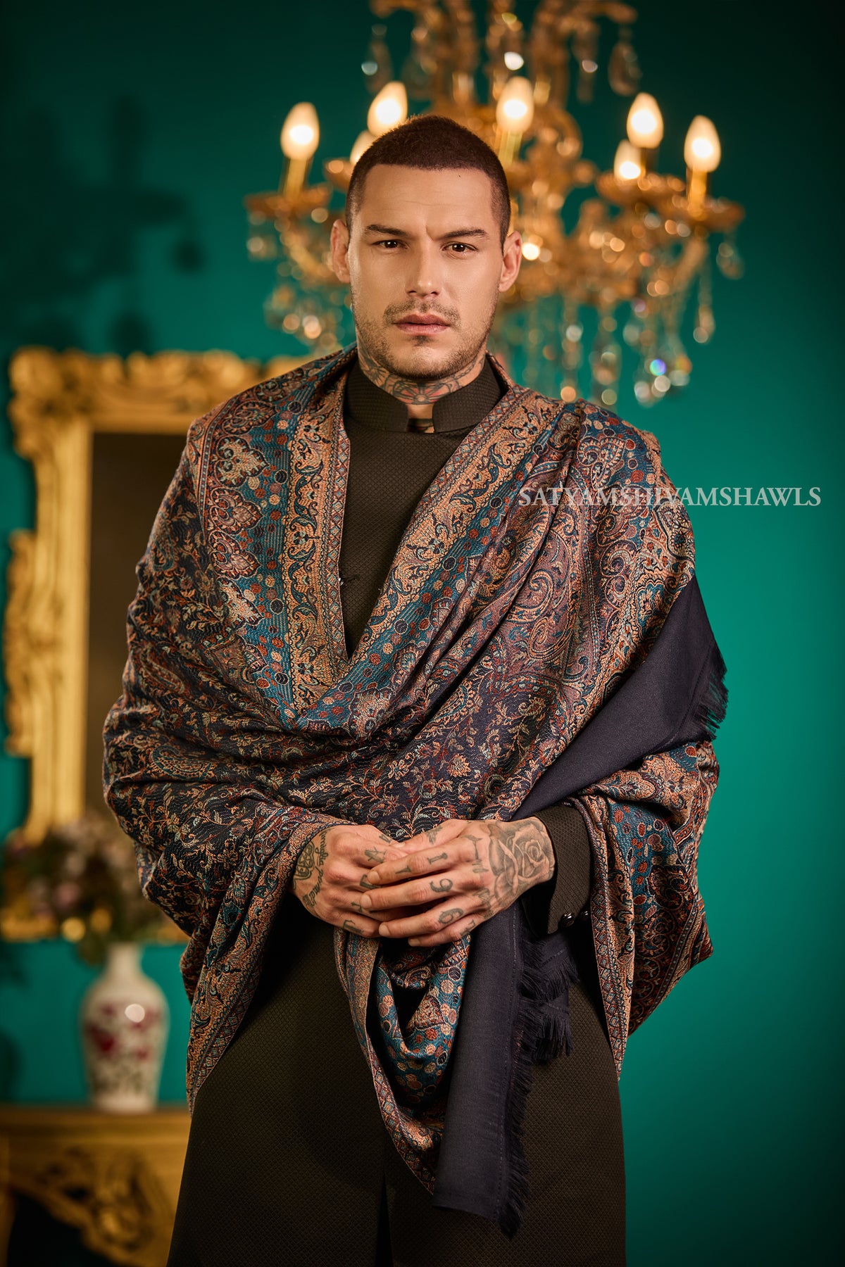 VINTAGE ROYAL JAMAWAR PAISLEY KANI DESIGN MENS SHAWL,NAVYBLUE