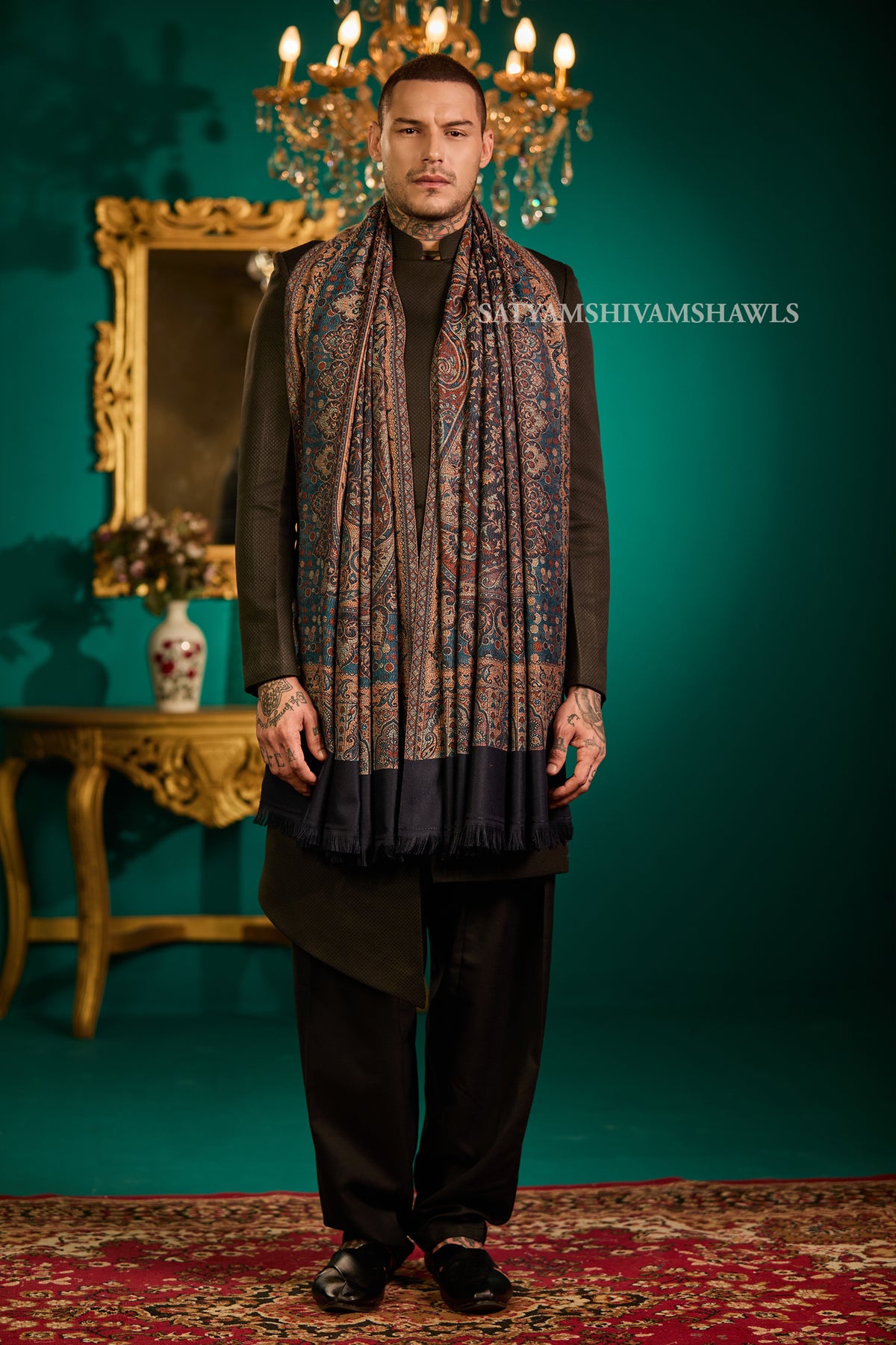 VINTAGE ROYAL JAMAWAR PAISLEY KANI DESIGN MENS SHAWL,NAVYBLUE