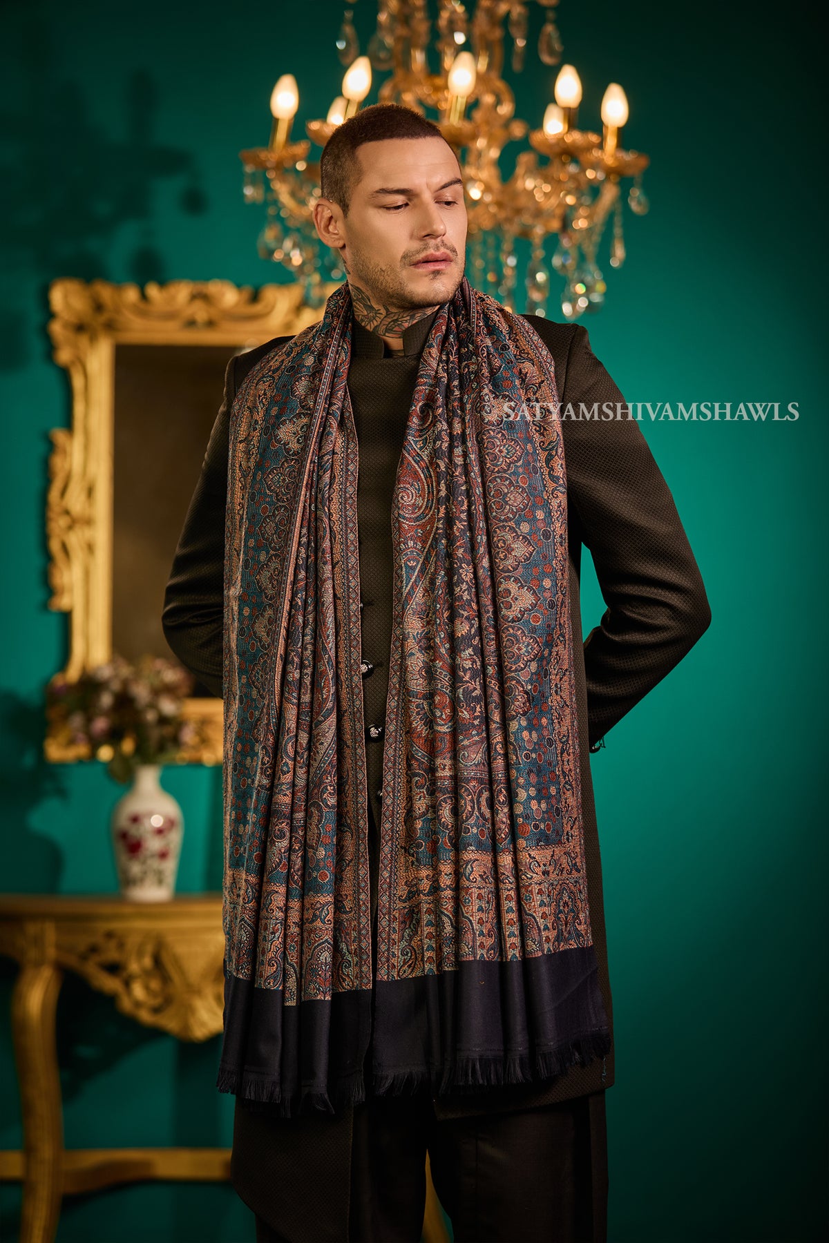 VINTAGE ROYAL JAMAWAR PAISLEY KANI DESIGN MENS SHAWL,NAVYBLUE