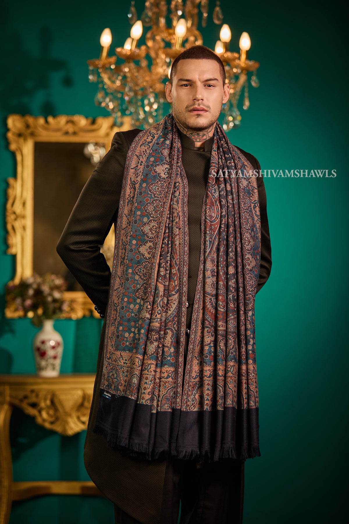 VINTAGE ROYAL JAMAWAR PAISLEY KANI DESIGN MENS SHAWL,NAVYBLUE