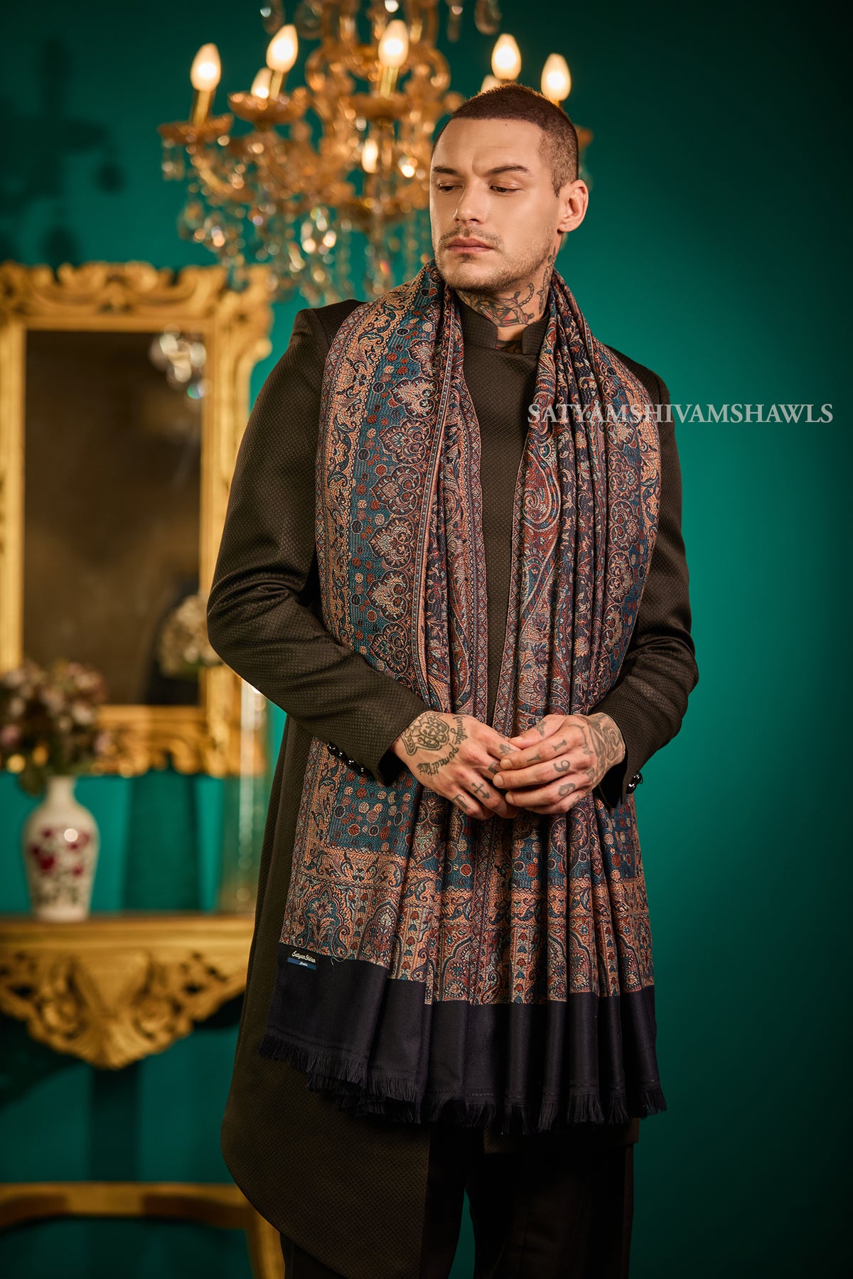 VINTAGE ROYAL JAMAWAR PAISLEY KANI DESIGN MENS SHAWL,NAVYBLUE