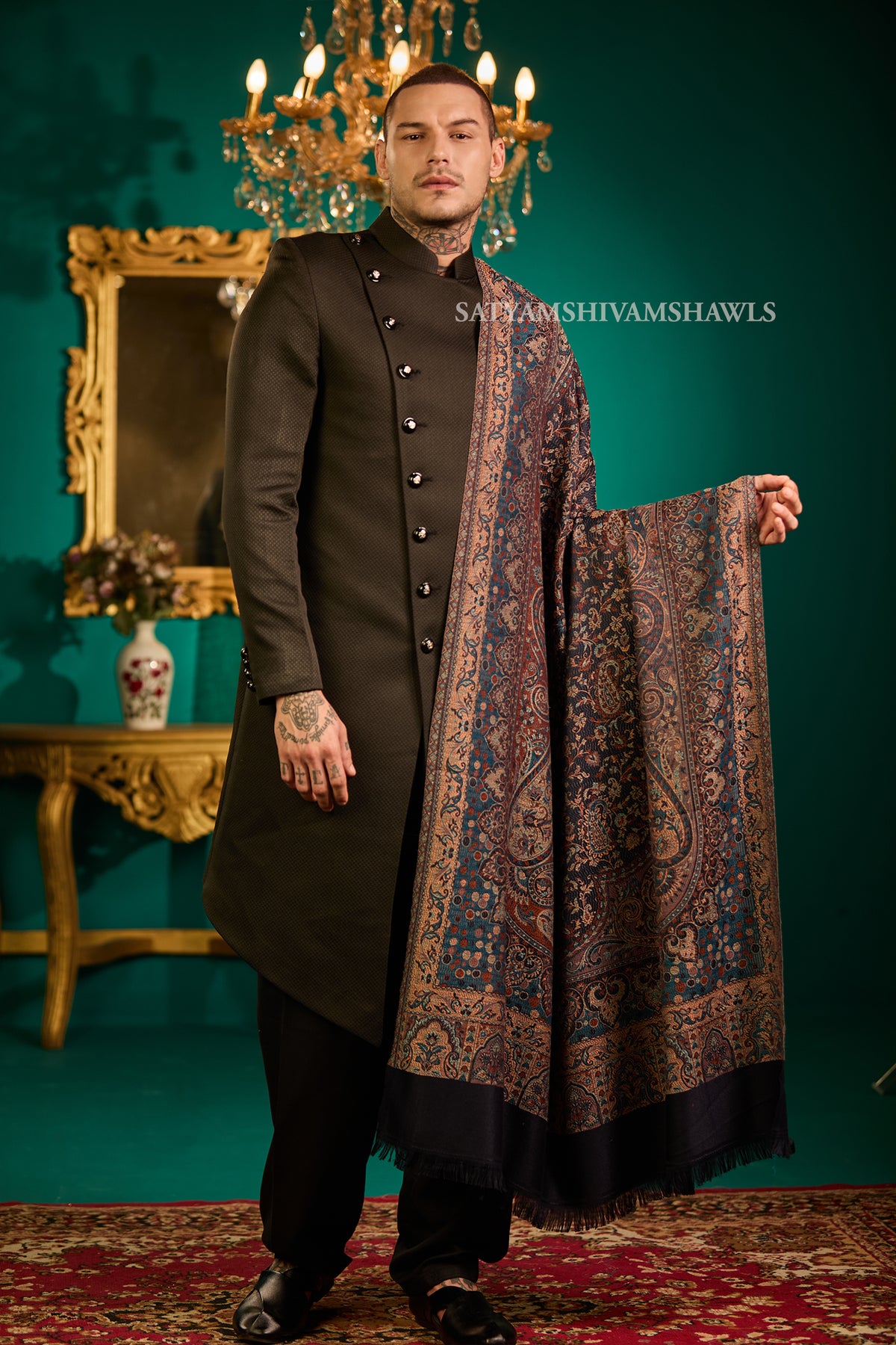 VINTAGE ROYAL JAMAWAR PAISLEY KANI DESIGN MENS SHAWL,NAVYBLUE
