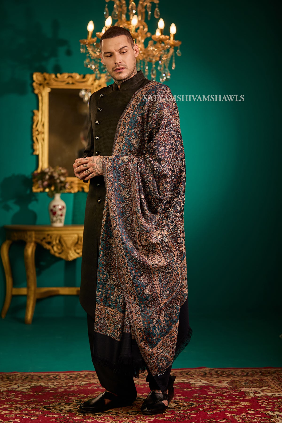VINTAGE ROYAL JAMAWAR PAISLEY KANI DESIGN MENS SHAWL,NAVYBLUE