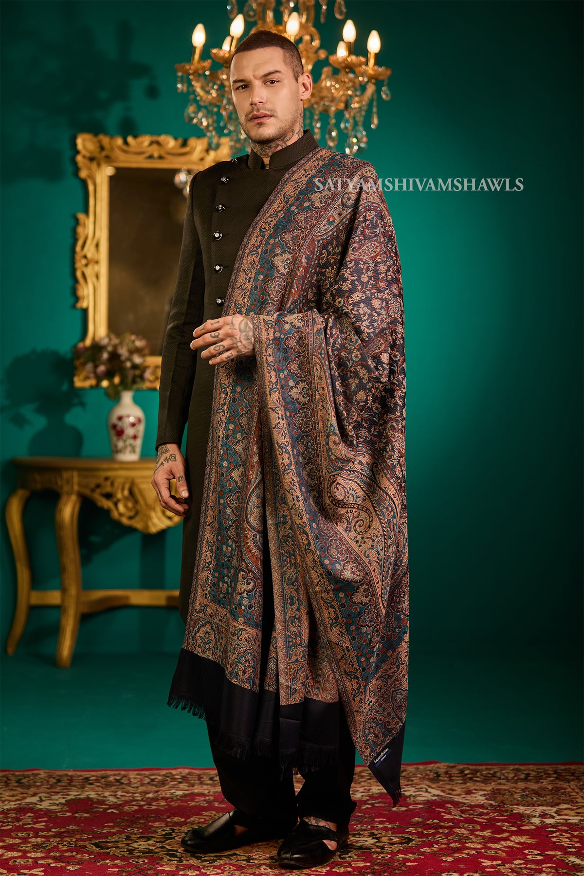 VINTAGE ROYAL JAMAWAR PAISLEY KANI DESIGN MENS SHAWL,NAVYBLUE