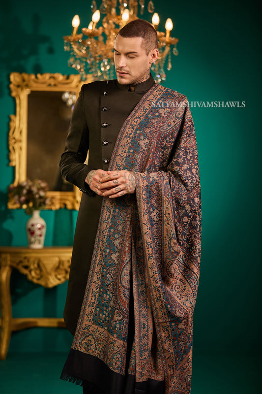 VINTAGE ROYAL JAMAWAR PAISLEY KANI DESIGN MENS SHAWL,NAVYBLUE