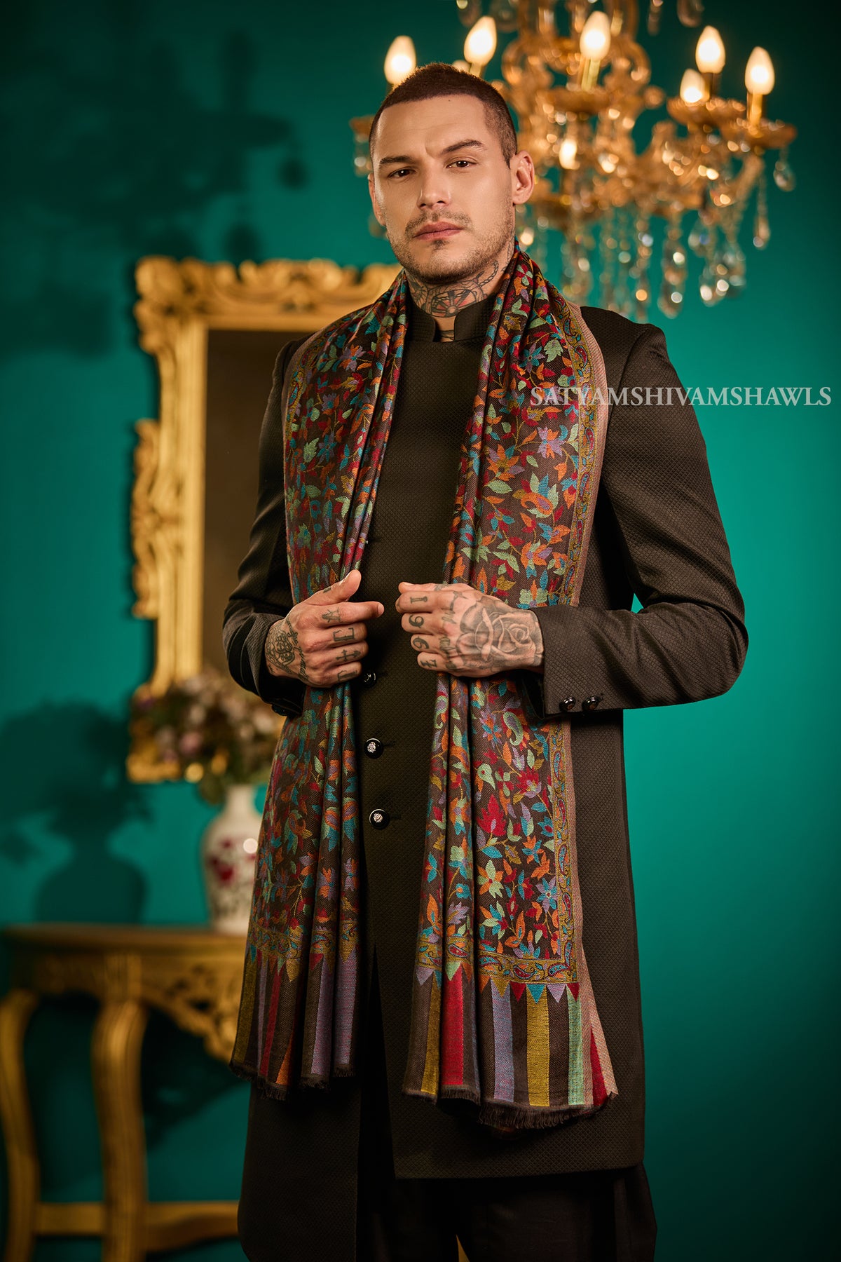 CHINAR KASHMIRI MULTY COLOUR COMBINATION SILK PASHMINA MENS SHAWLS,MULTY BLACK