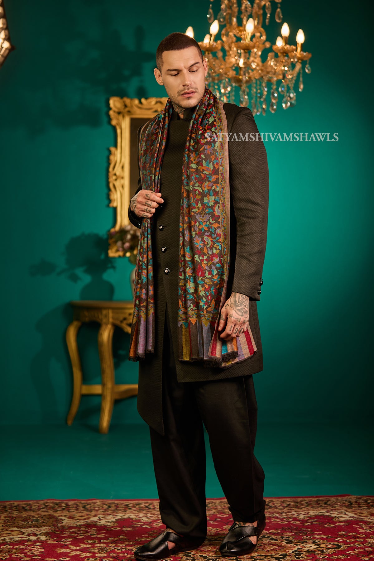 CHINAR KASHMIRI MULTY COLOUR COMBINATION SILK PASHMINA MENS SHAWLS,MULTY BLACK