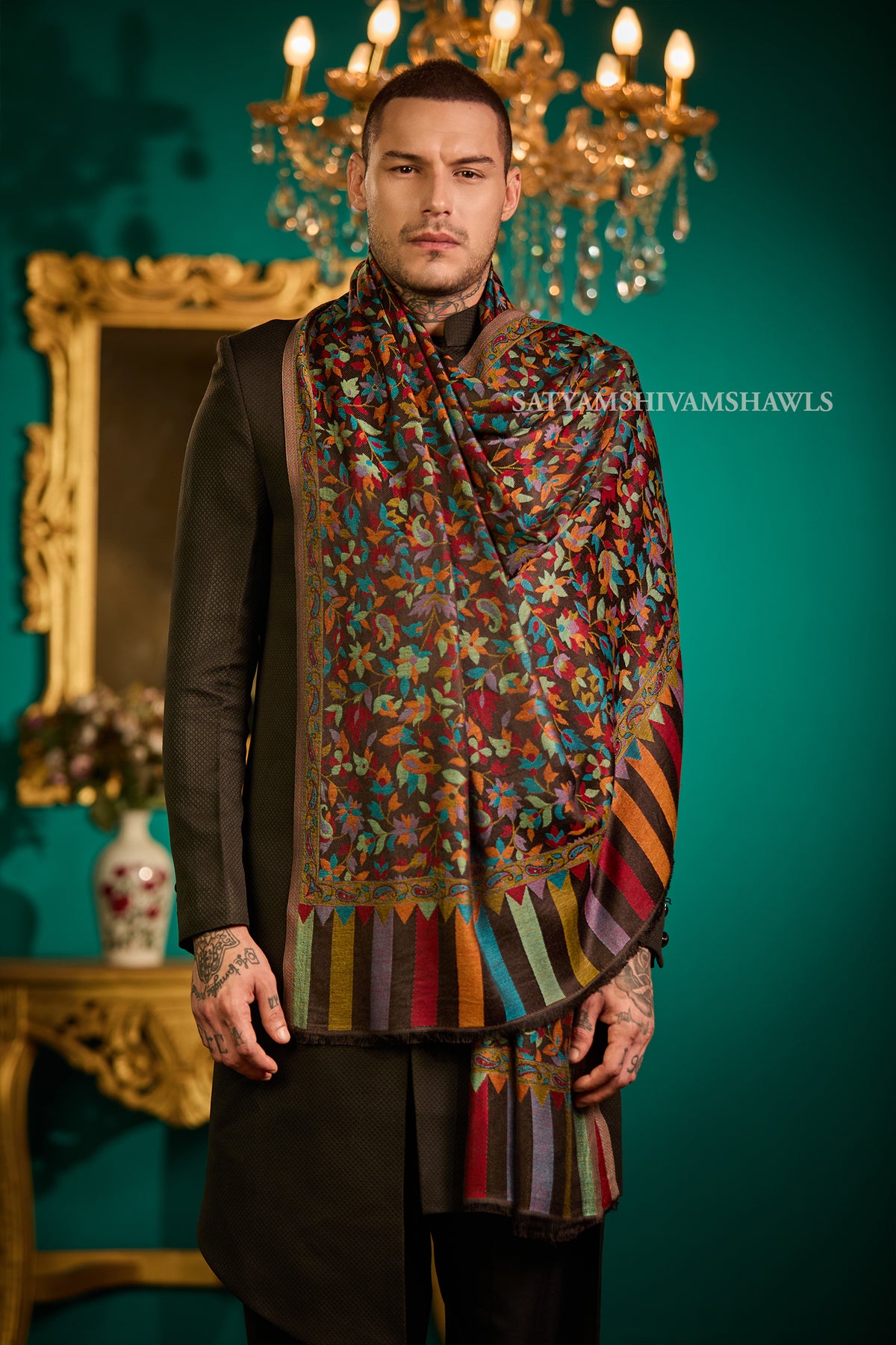 CHINAR KASHMIRI MULTY COLOUR COMBINATION SILK PASHMINA MENS SHAWLS,MULTY BLACK