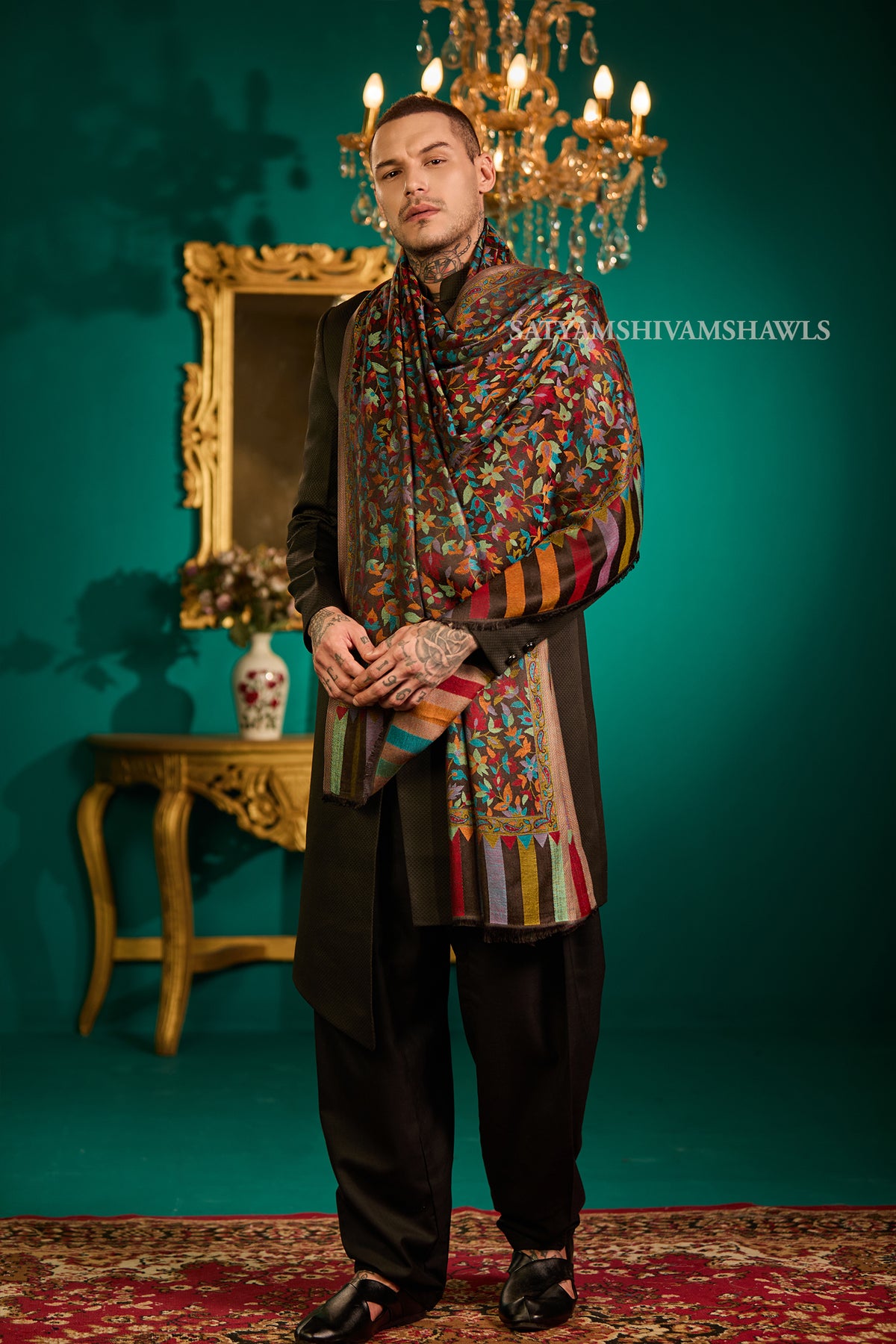 CHINAR KASHMIRI MULTY COLOUR COMBINATION SILK PASHMINA MENS SHAWLS,MULTY BLACK