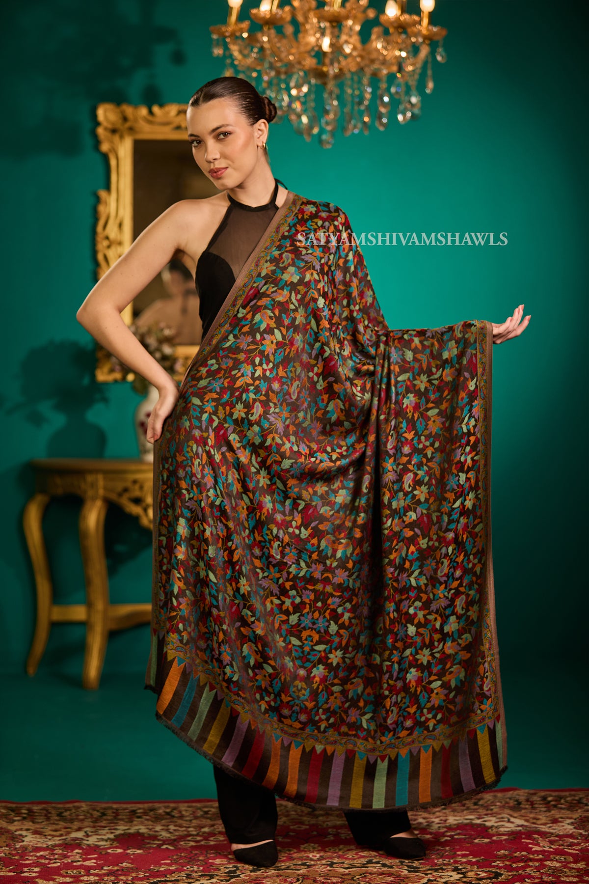 NAAQSH-E-KANI JAMAWAR SILK PASHMINA WMENS SHAWLS,BLACK
