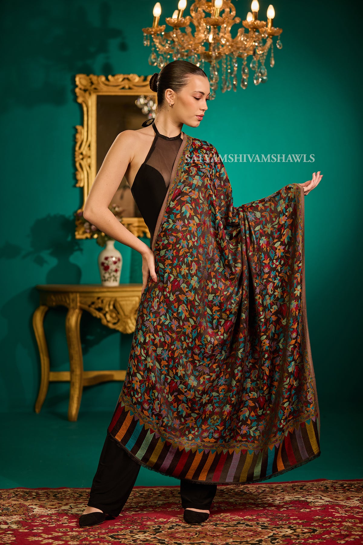 NAAQSH-E-KANI JAMAWAR SILK PASHMINA WMENS SHAWLS,BLACK