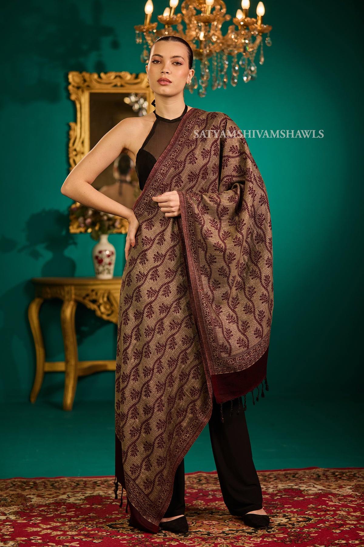 pure wool zari weaved stole,wine