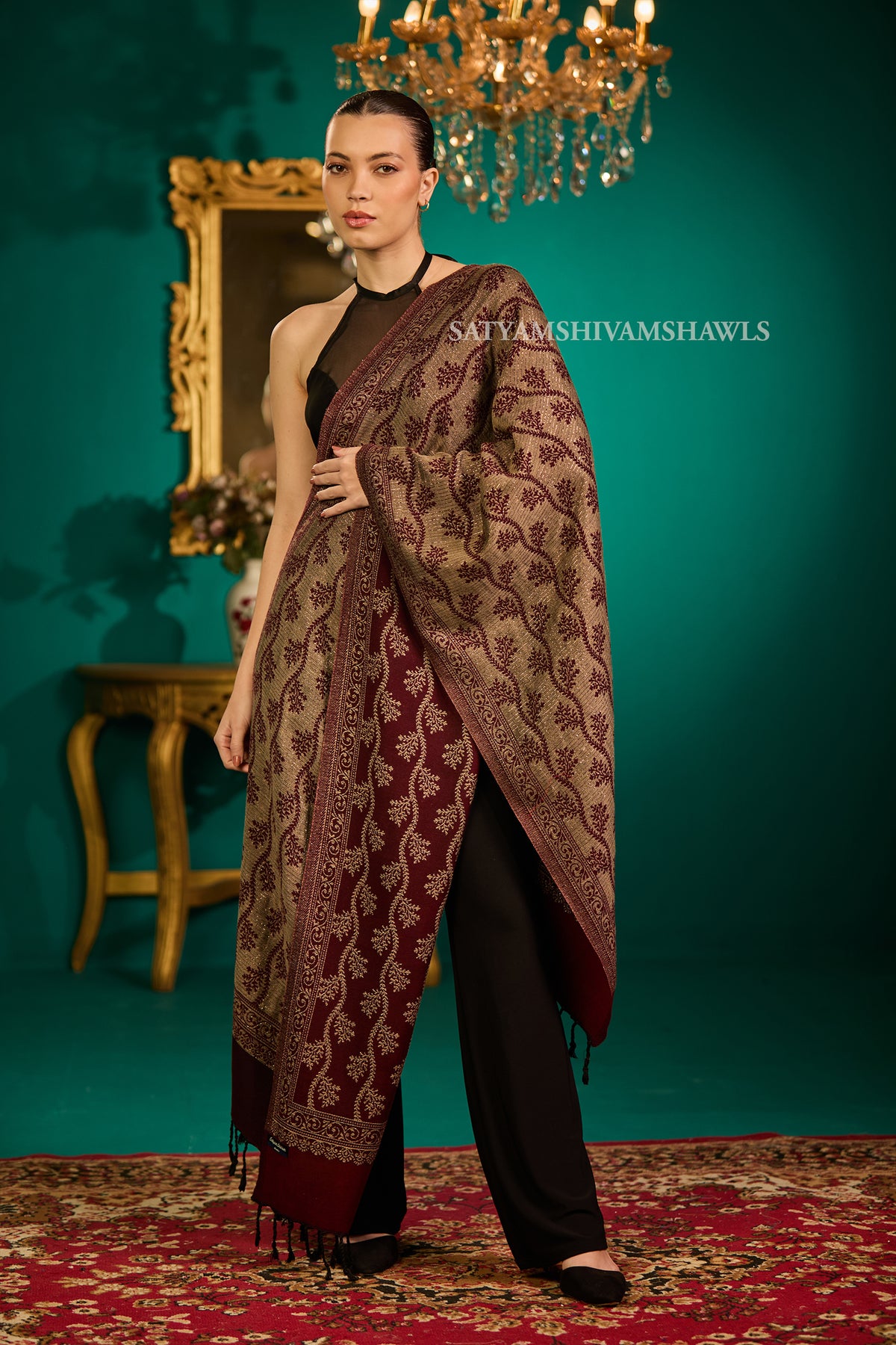pure wool zari weaved stole,wine