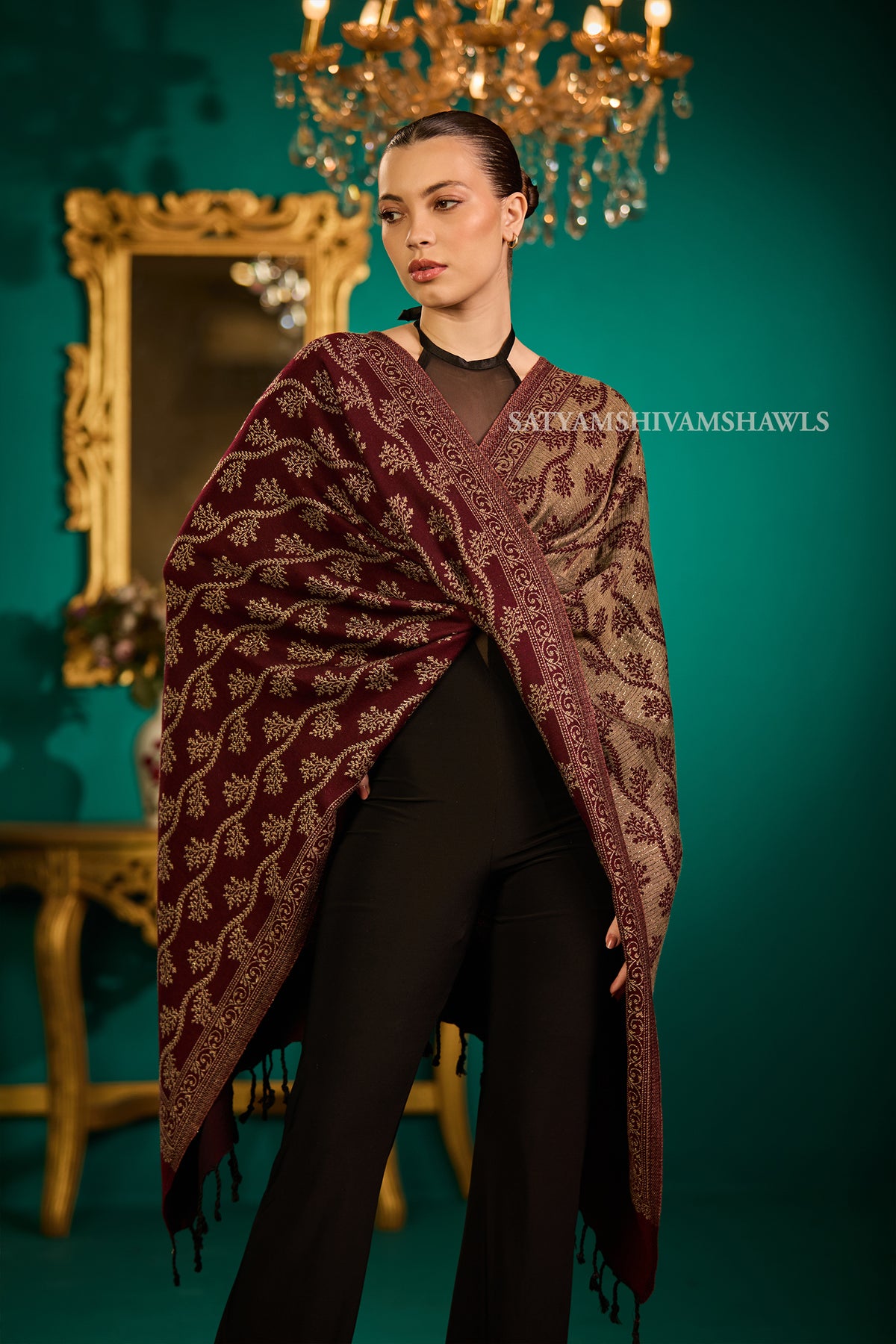 pure wool zari weaved stole,wine