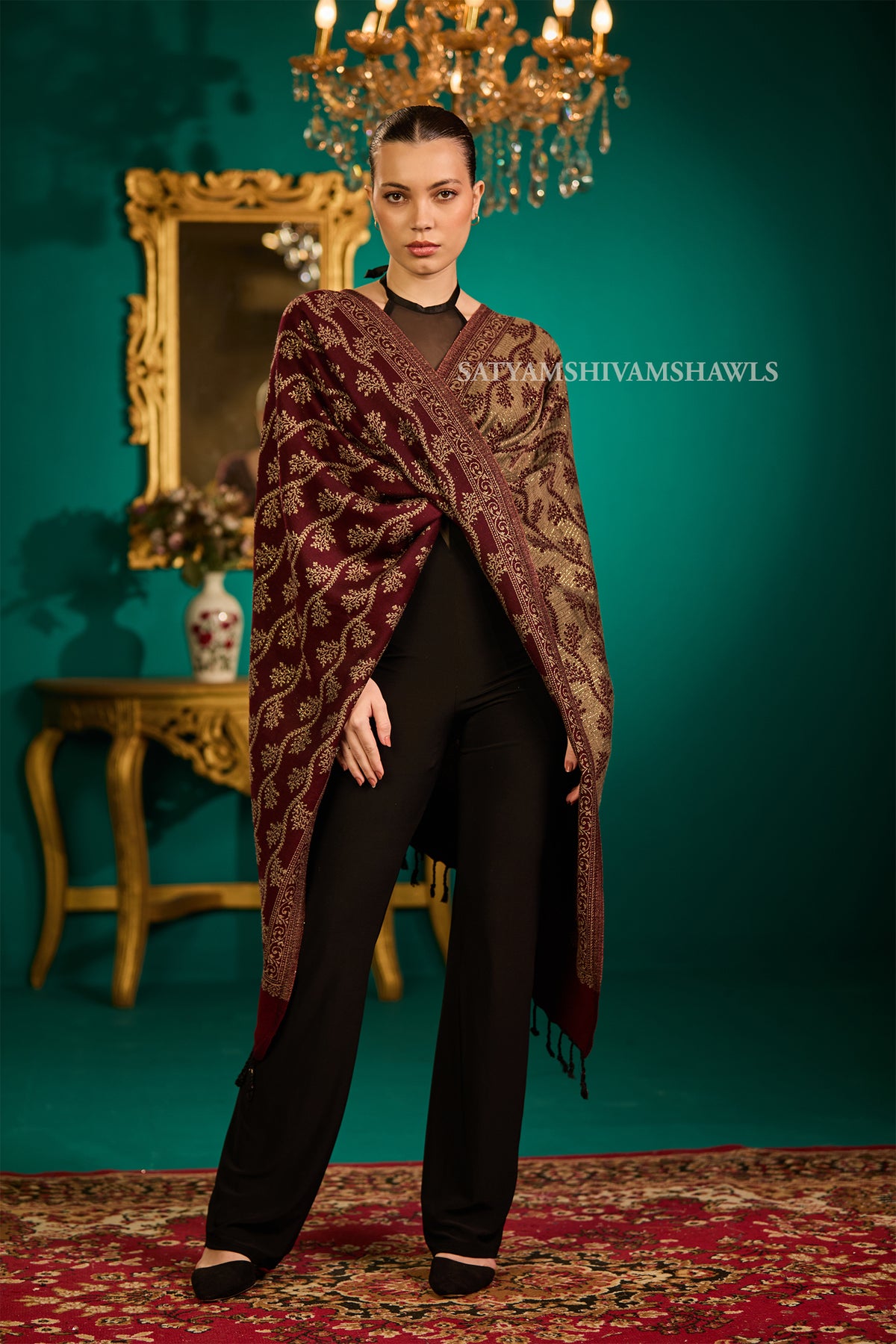 pure wool zari weaved stole,wine